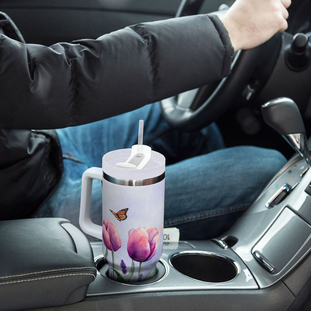 30 oz Insulated Stainless Steel Tumbler Double Wall Stainless Steel Tumbler with 2-Way Drinking Watercolor Tulips and Lavender