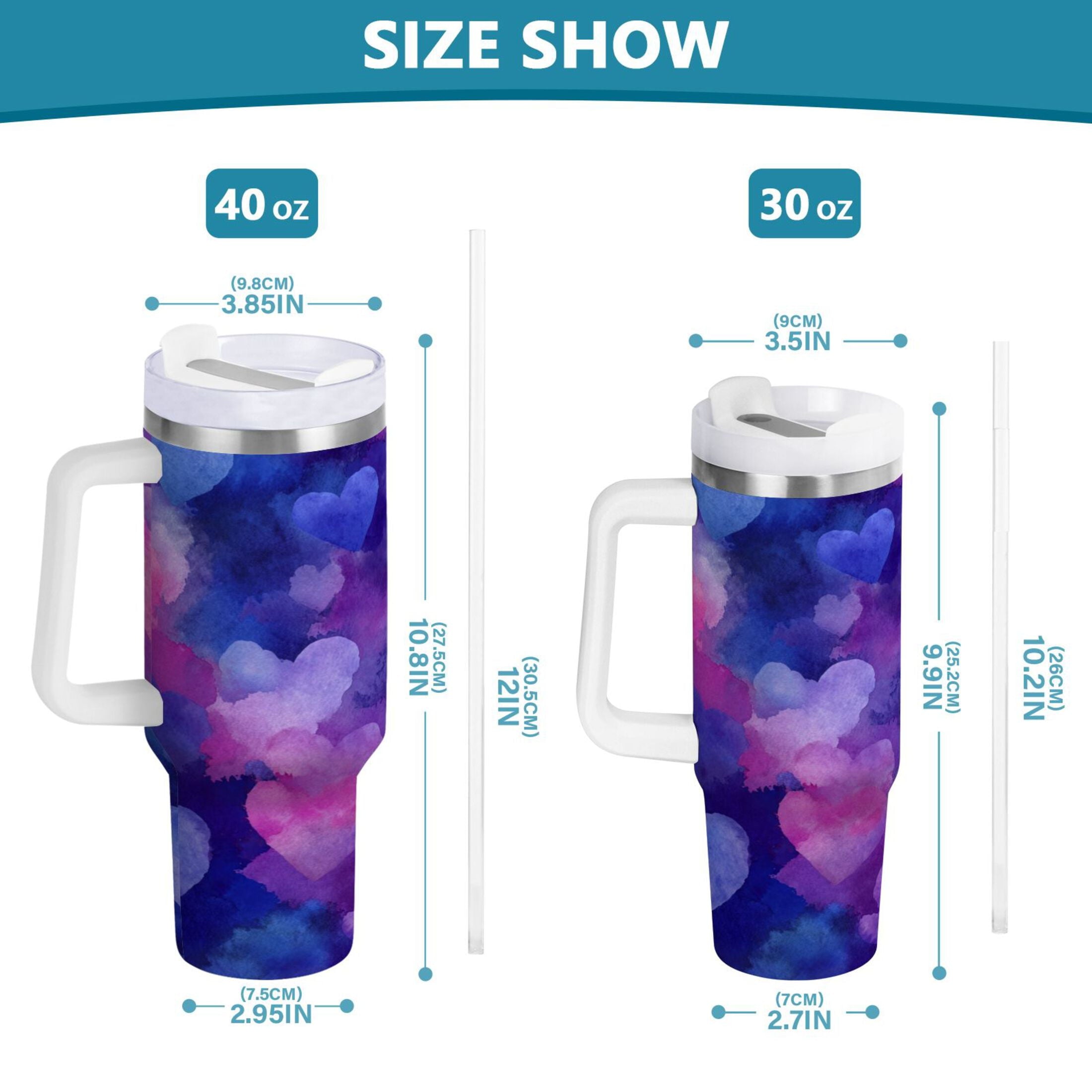 30 oz Insulated Stainless Steel Tumbler Double Wall Stainless Steel Tumbler with 2-Way Drinking Indigo and Violet Hearts
