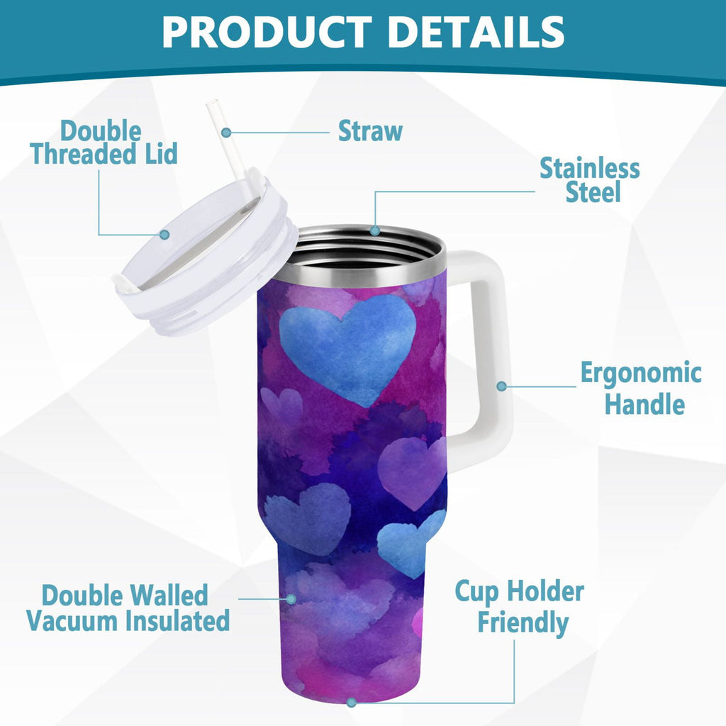 30 oz Insulated Stainless Steel Tumbler Double Wall Stainless Steel Tumbler with 2-Way Drinking Indigo and Violet Hearts