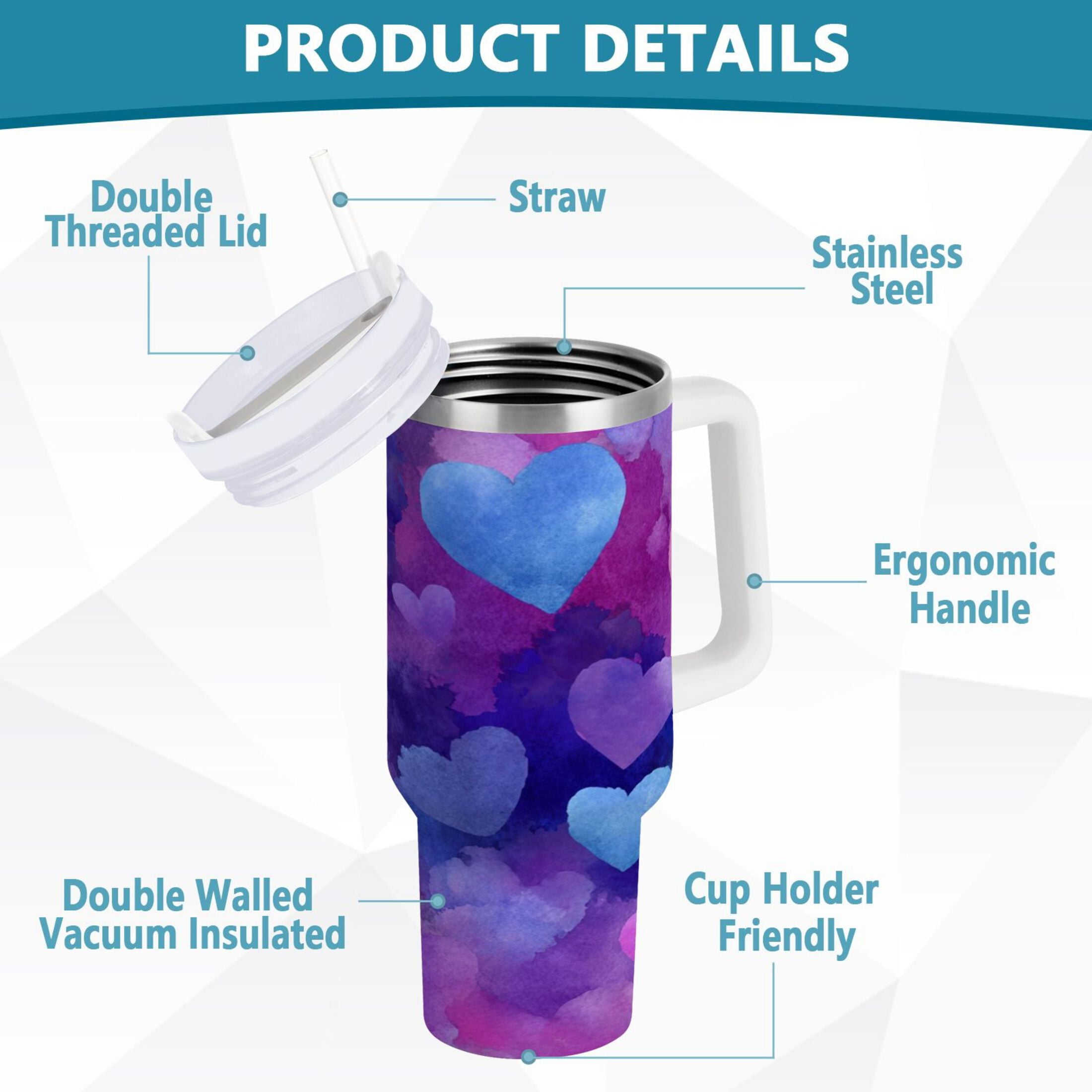 30 oz Insulated Stainless Steel Tumbler Double Wall Stainless Steel Tumbler with 2-Way Drinking Indigo and Violet Hearts