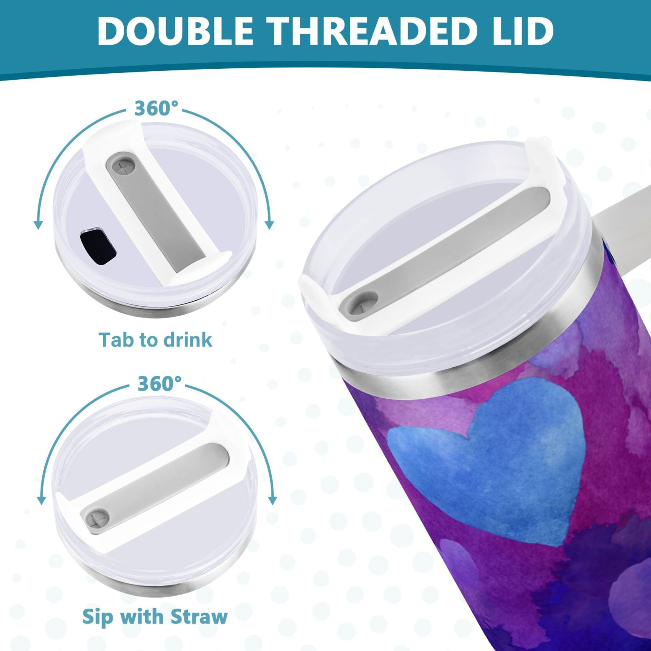 30 oz Insulated Stainless Steel Tumbler Double Wall Stainless Steel Tumbler with 2-Way Drinking Indigo and Violet Hearts
