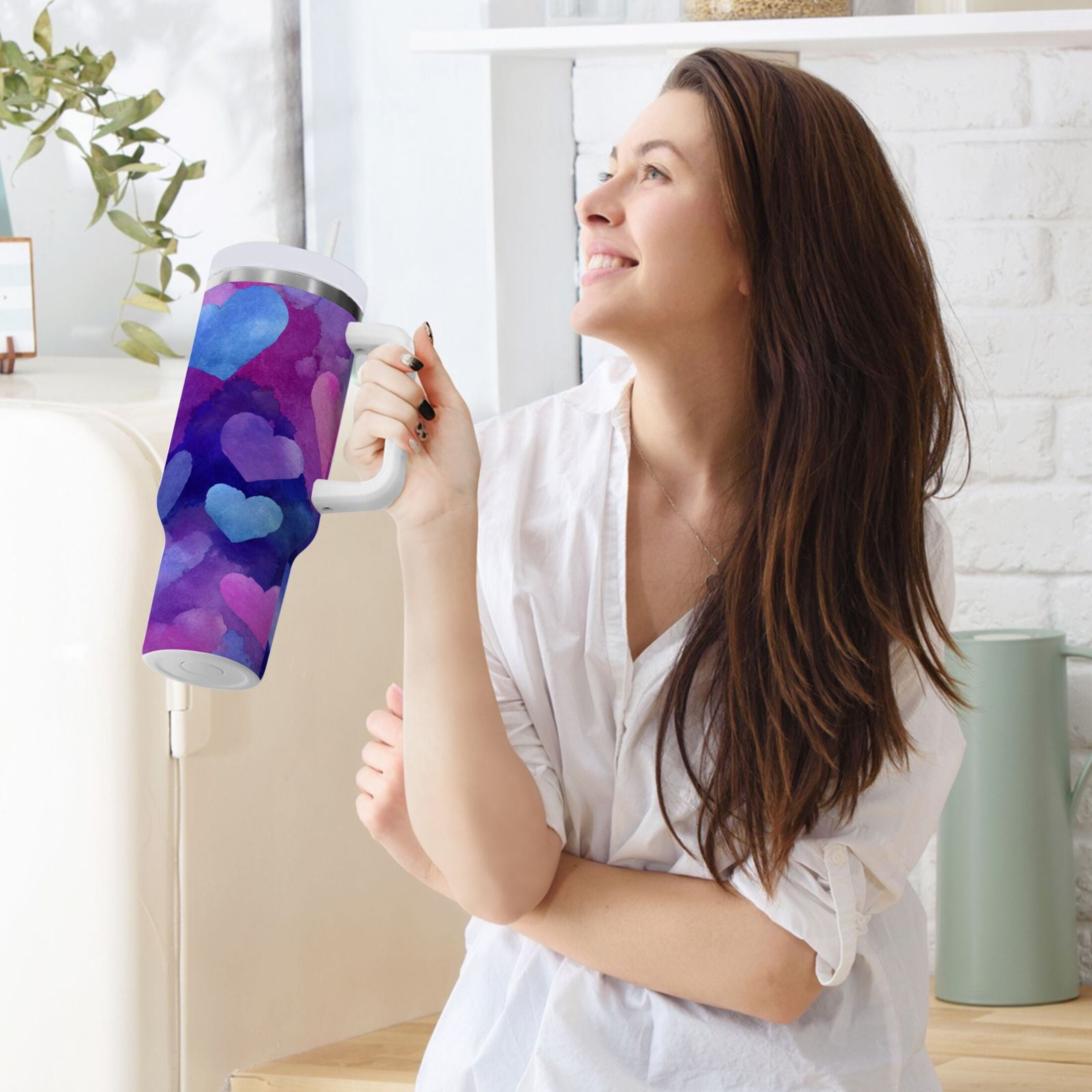 30 oz Insulated Stainless Steel Tumbler Double Wall Stainless Steel Tumbler with 2-Way Drinking Indigo and Violet Hearts