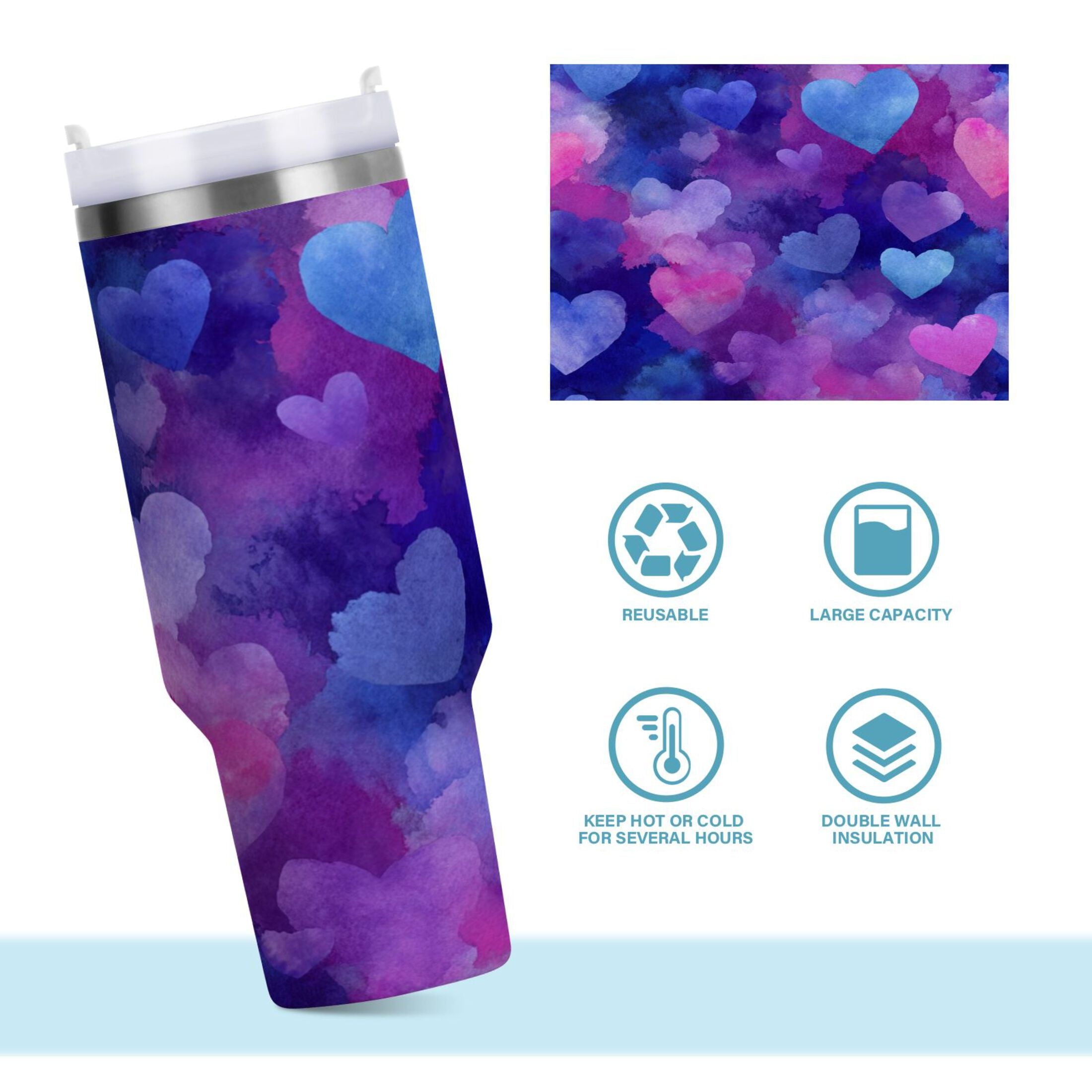 30 oz Insulated Stainless Steel Tumbler Double Wall Stainless Steel Tumbler with 2-Way Drinking Indigo and Violet Hearts