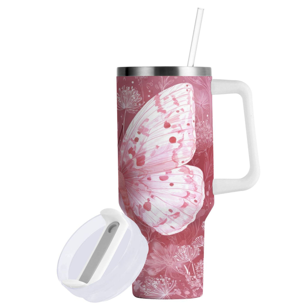 30 oz Insulated Stainless Steel Tumbler Double Wall Stainless Steel Tumbler with 2-Way Drinking Soft Pink Butterfly