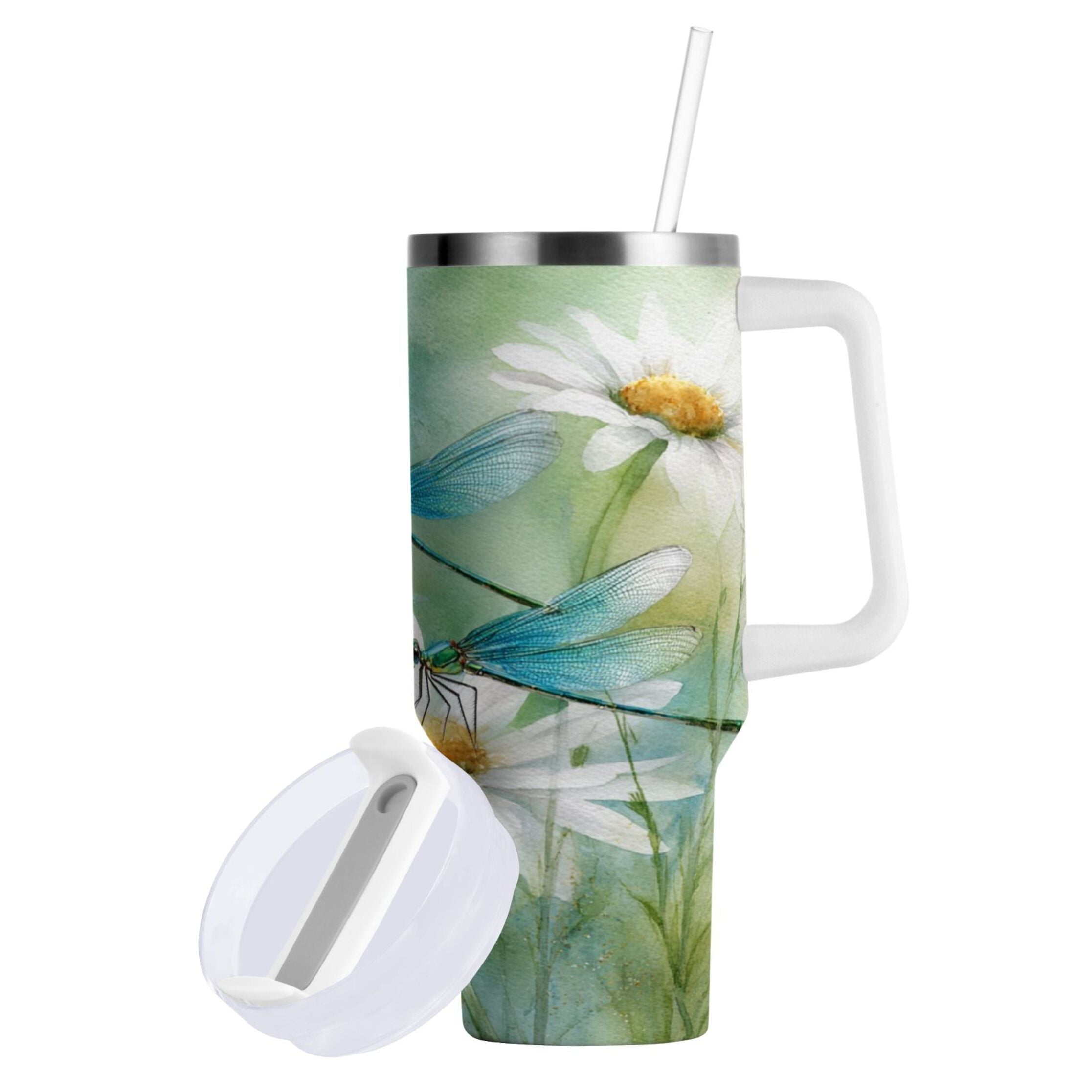 30 oz Insulated Stainless Steel Tumbler Double Wall Stainless Steel Tumbler with 2-Way Drinking Beautiful Dragonflies and Daisies