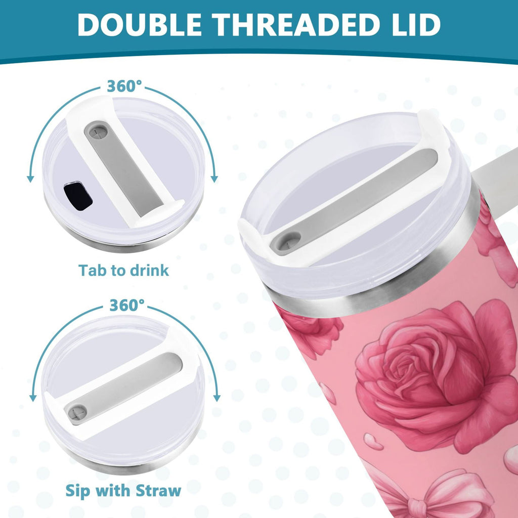 40 oz Insulated Stainless Steel Tumbler Double Wall Stainless Steel Tumbler with 2-Way Drinking Roses and Bows Pattern