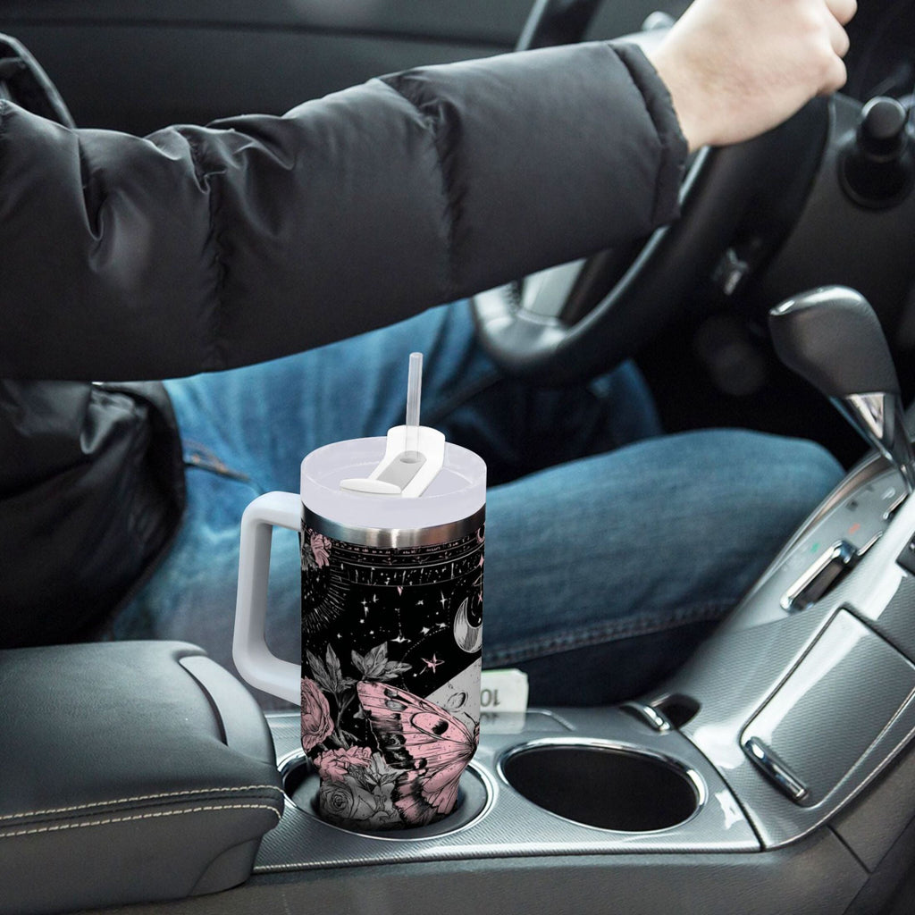 30 oz Insulated Stainless Steel Tumbler Double Wall Stainless Steel Tumbler with 2-Way Drinking Butterfly by Moon and Flowers