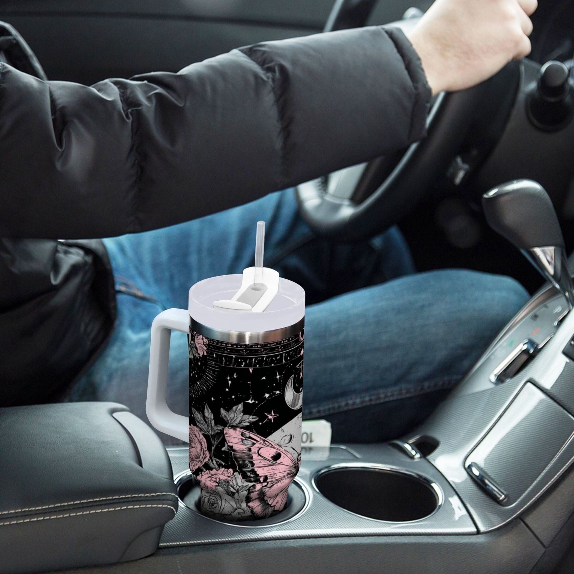 30 oz Insulated Stainless Steel Tumbler Double Wall Stainless Steel Tumbler with 2-Way Drinking Butterfly by Moon and Flowers