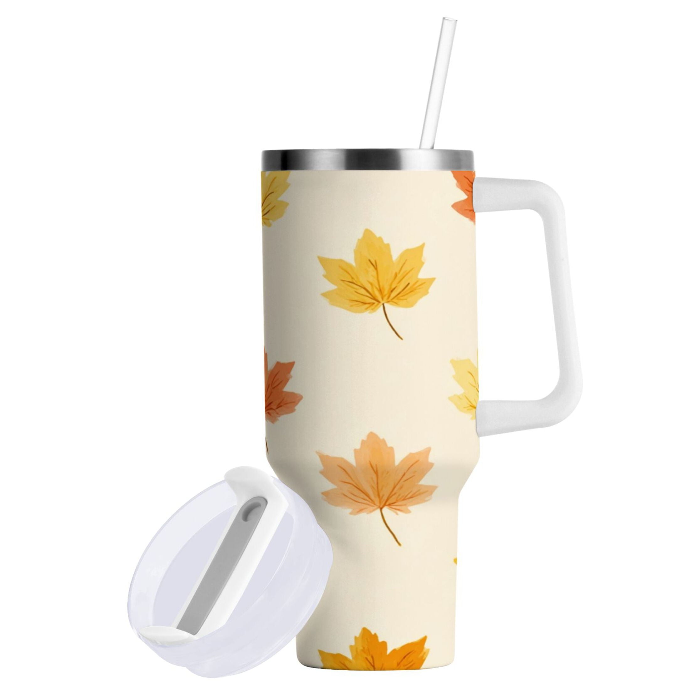40 oz Insulated Stainless Steel Tumbler Double Wall Stainless Steel Tumbler with 2-Way Drinking Yellow Maple Leaves Pattern