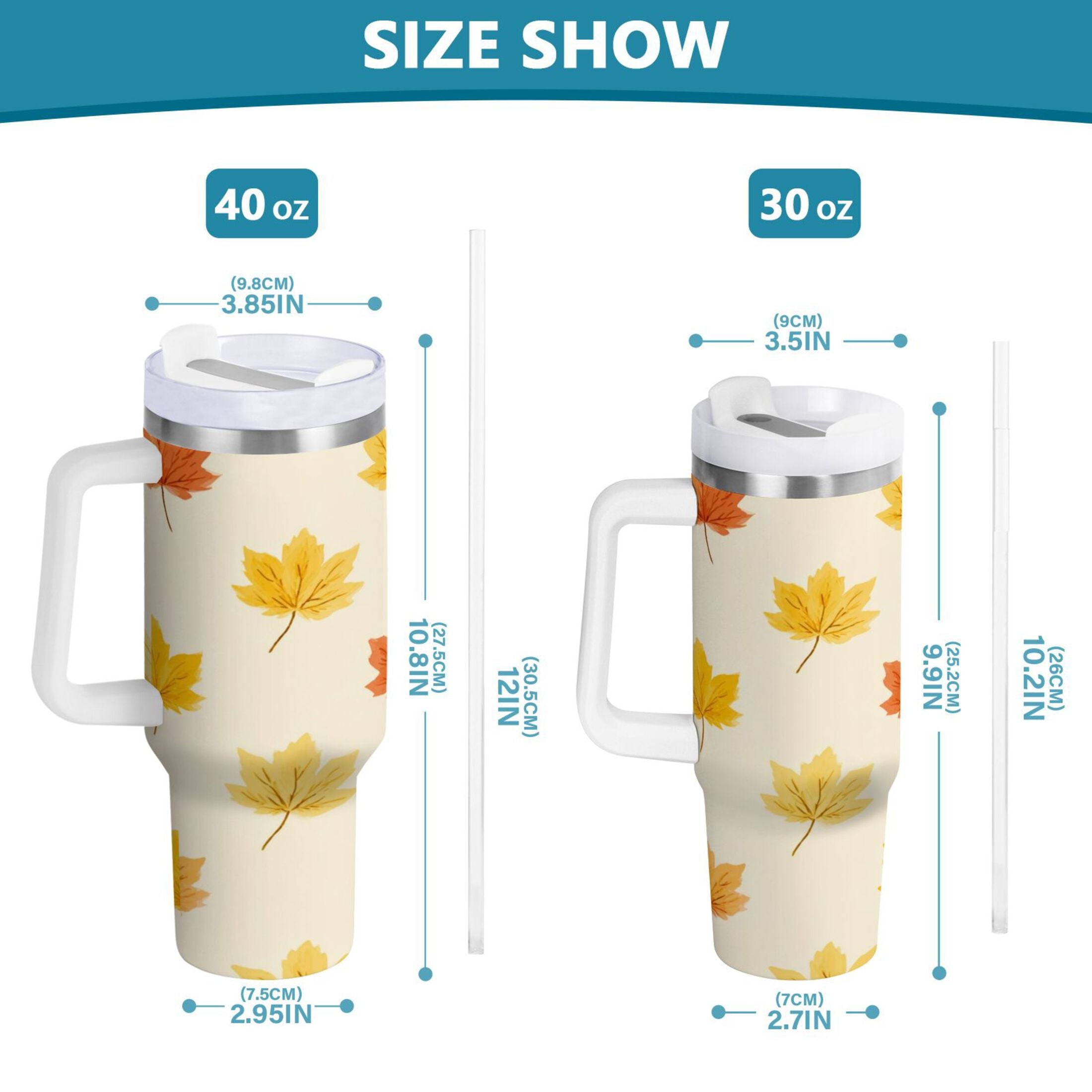 40 oz Insulated Stainless Steel Tumbler Double Wall Stainless Steel Tumbler with 2-Way Drinking Yellow Maple Leaves Pattern
