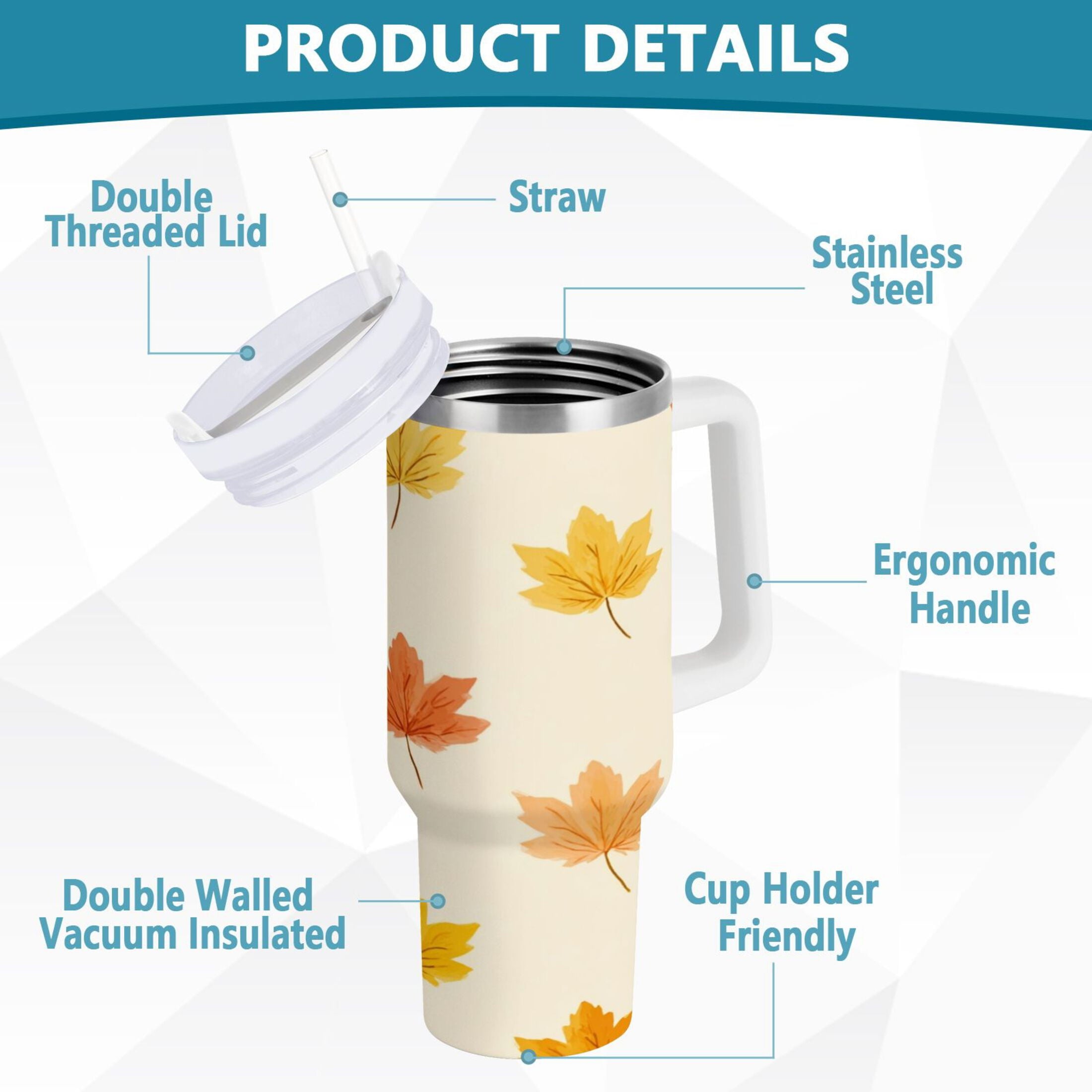 40 oz Insulated Stainless Steel Tumbler Double Wall Stainless Steel Tumbler with 2-Way Drinking Yellow Maple Leaves Pattern