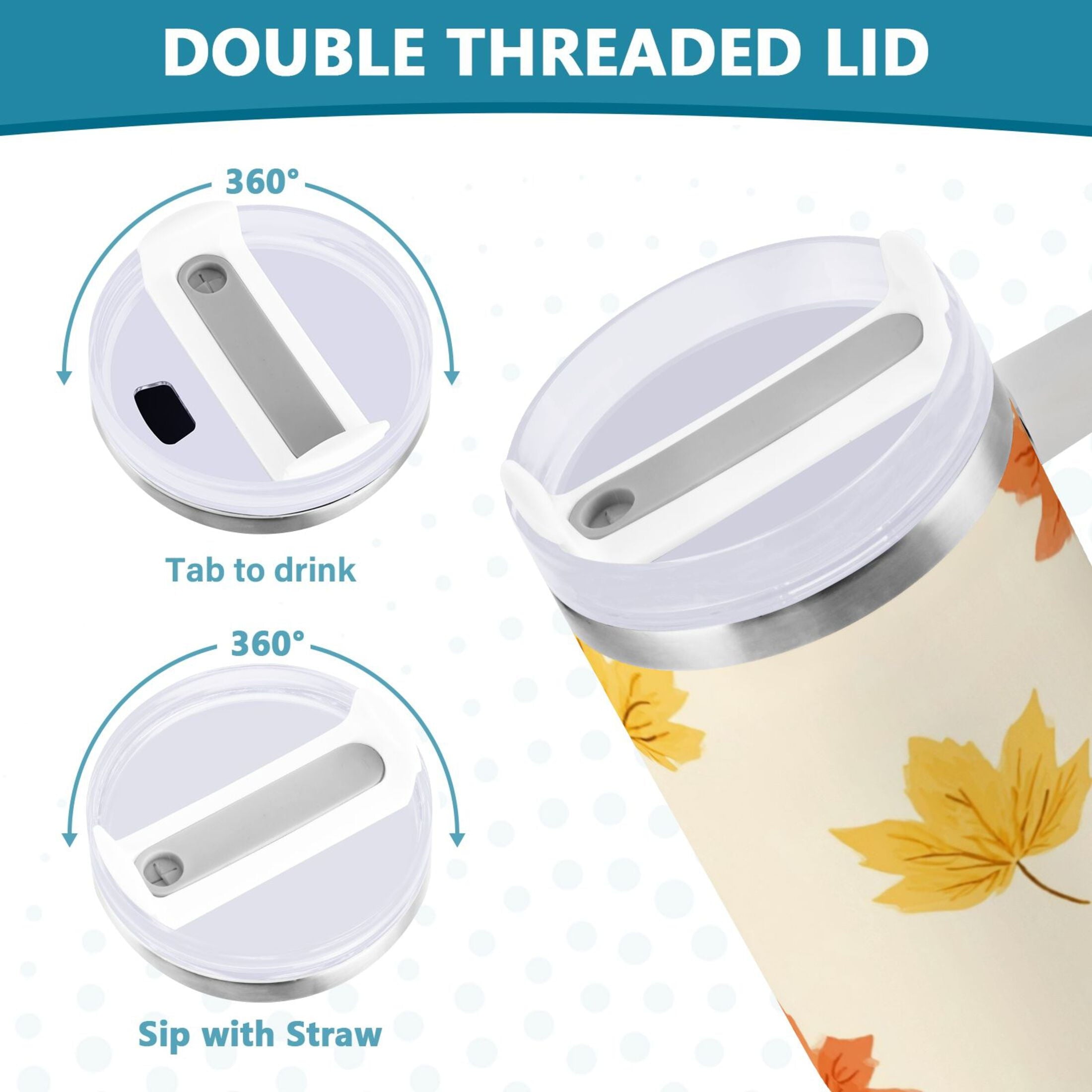 40 oz Insulated Stainless Steel Tumbler Double Wall Stainless Steel Tumbler with 2-Way Drinking Yellow Maple Leaves Pattern