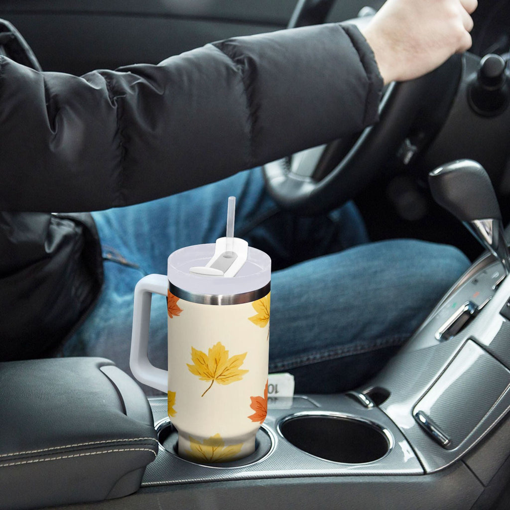 40 oz Insulated Stainless Steel Tumbler Double Wall Stainless Steel Tumbler with 2-Way Drinking Yellow Maple Leaves Pattern