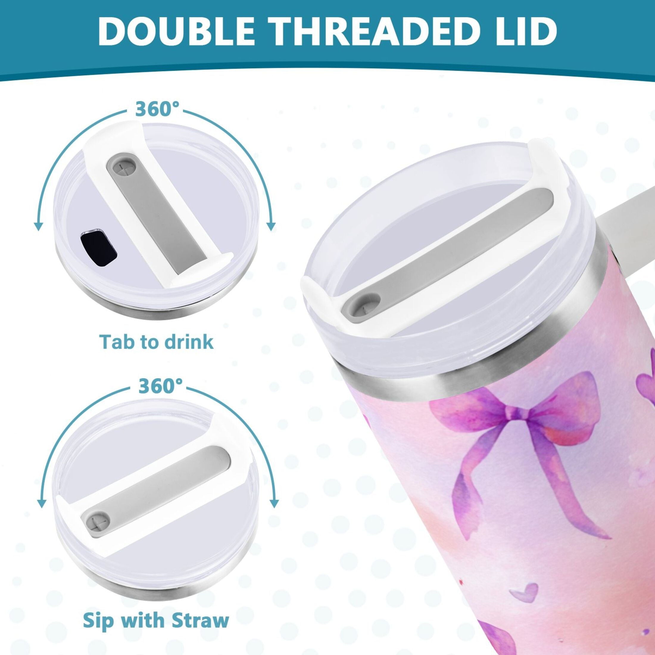 30 oz Insulated Stainless Steel Tumbler Double Wall Stainless Steel Tumbler with 2-Way Drinking Watercolor Purple Bows