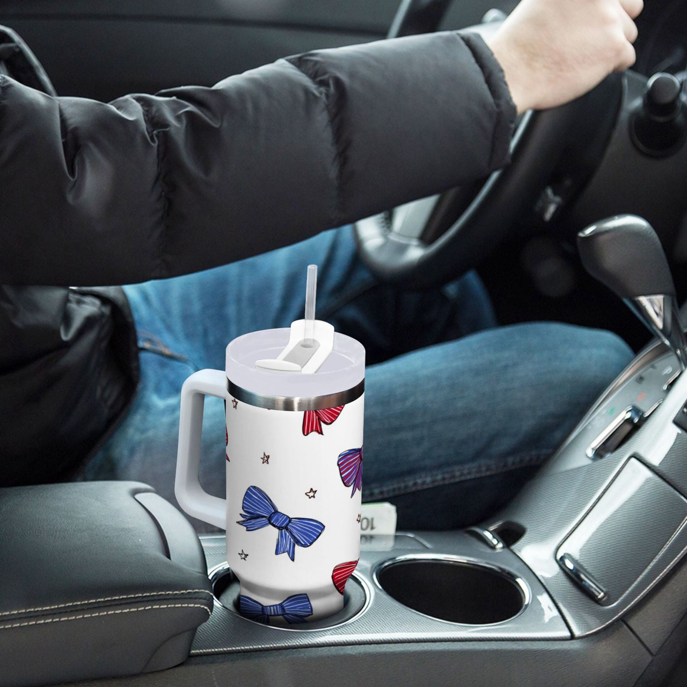 30 oz Insulated Stainless Steel Tumbler Double Wall Stainless Steel Tumbler with 2-Way Drinking Red and Blue Stripe Bows