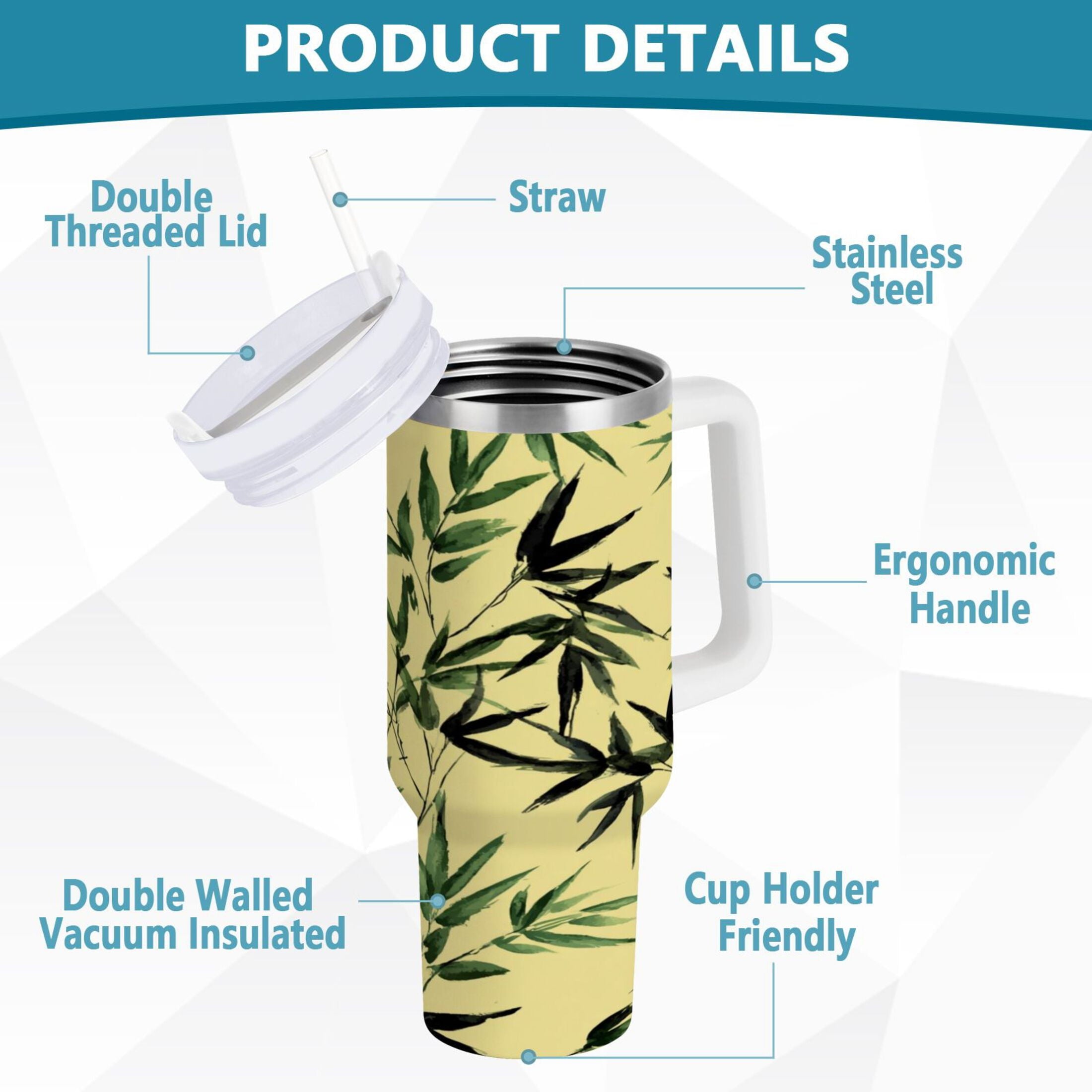 30 oz Insulated Stainless Steel Tumbler Double Wall Stainless Steel Tumbler with 2-Way Drinking Bamboo and Green Leaves