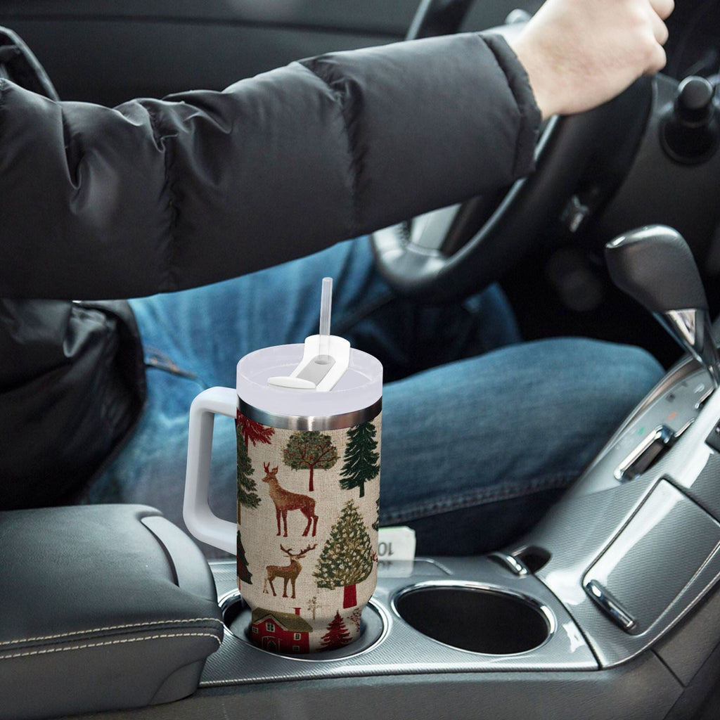 30 oz Insulated Stainless Steel Tumbler Double Wall Stainless Steel Tumbler with 2-Way Drinking Christmas Trees Deer and Houses