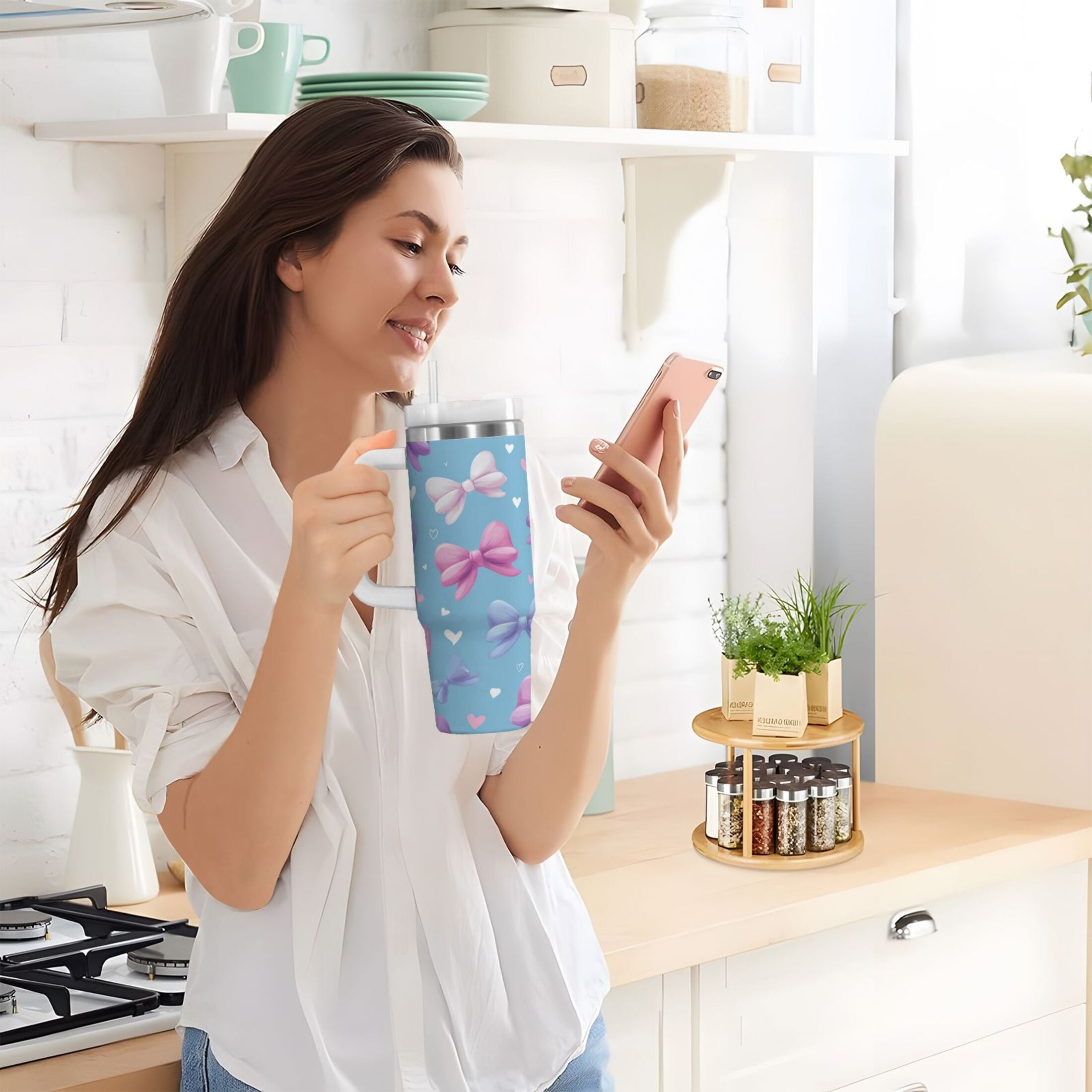 30 oz Insulated Stainless Steel Tumbler Double Wall Stainless Steel Tumbler with 2-Way Drinking Pink and Purple Bows