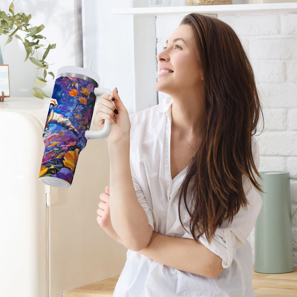 40 oz Insulated Stainless Steel Tumbler Double Wall Stainless Steel Tumbler with 2-Way Drinking Astronaut and Colorful Flowers