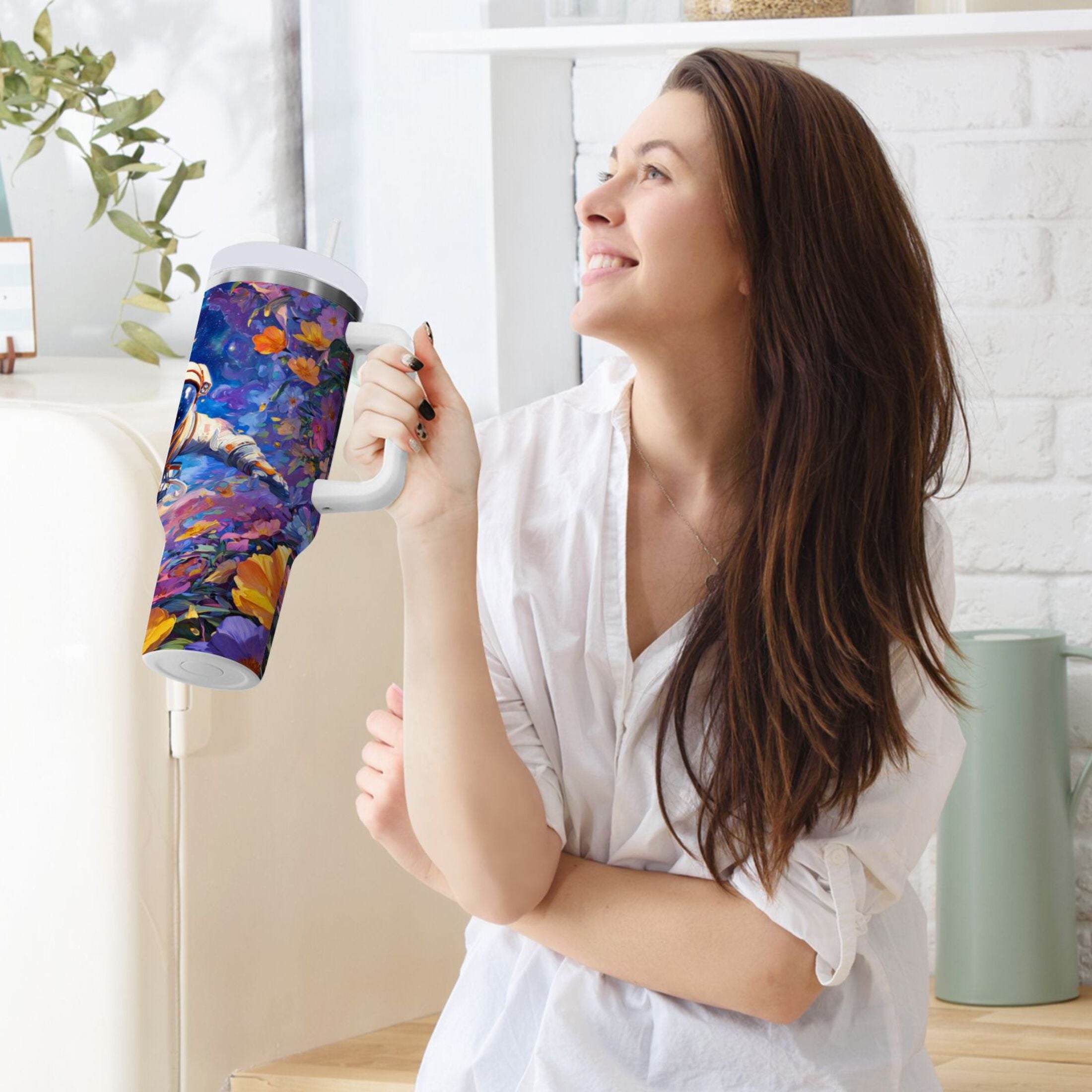 40 oz Insulated Stainless Steel Tumbler Double Wall Stainless Steel Tumbler with 2-Way Drinking Astronaut and Colorful Flowers