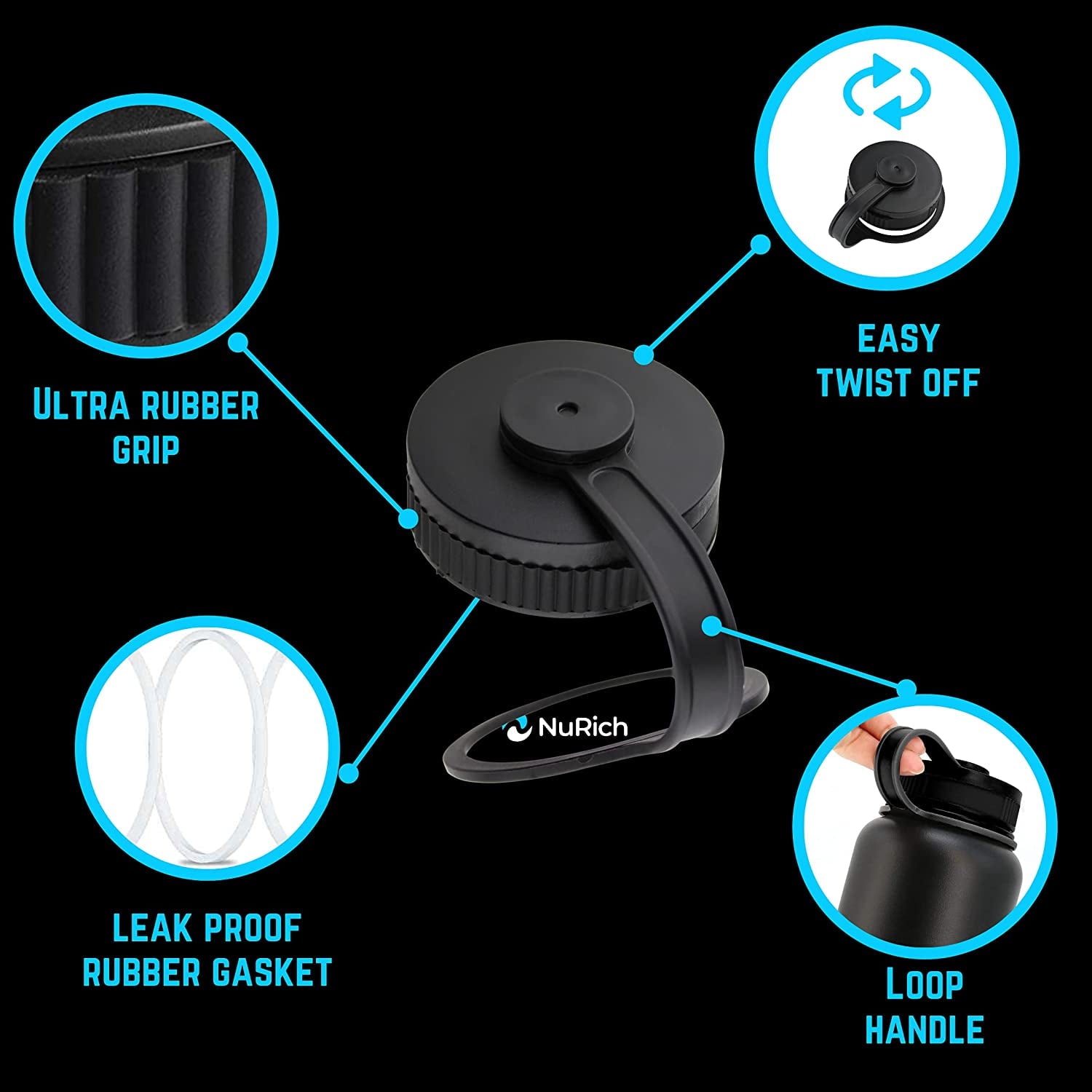 NuRich Loop Top Lid for Wide Mouth Hydro Flask, Nalgene &amp; Simple Water Bottles