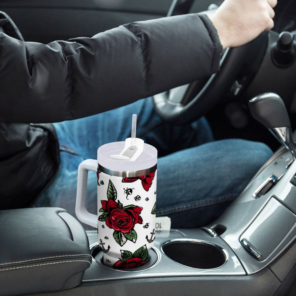 40 oz Insulated Stainless Steel Tumbler Double Wall Stainless Steel Tumbler with 2-Way Drinking Red Roses and Cherries