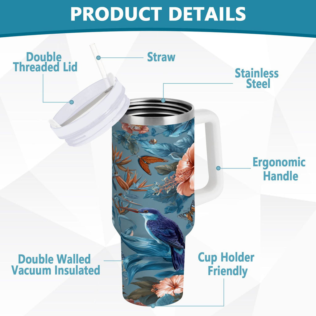 30 oz Insulated Stainless Steel Tumbler Double Wall Stainless Steel Tumbler with 2-Way Drinking Birds and Flowers