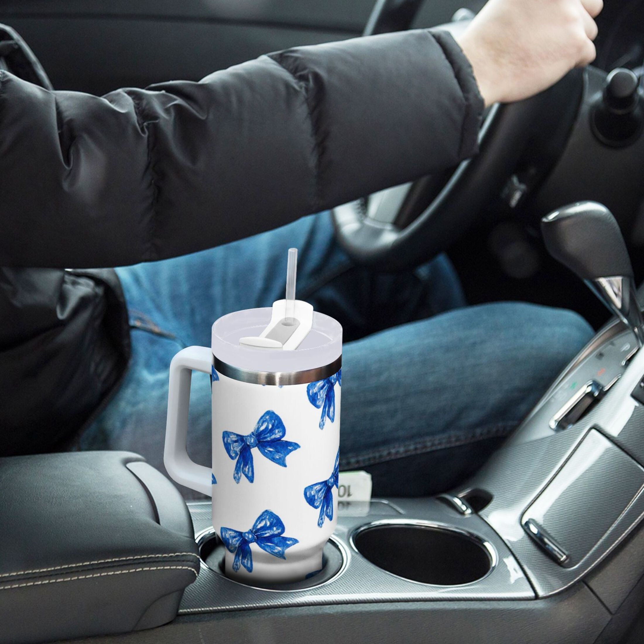30 oz Insulated Stainless Steel Tumbler Double Wall Stainless Steel Tumbler with 2-Way Drinking Blue Bows Pattern