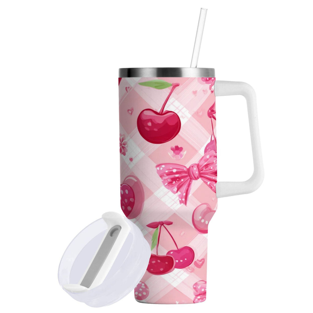 30 oz Insulated Stainless Steel Tumbler Double Wall Stainless Steel Tumbler with 2-Way Drinking Cherry and Pink Bow Pattern