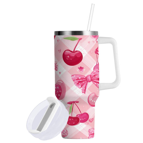 30 oz Insulated Stainless Steel Tumbler Double Wall Stainless Steel Tumbler with 2-Way Drinking Cherry and Pink Bow Pattern