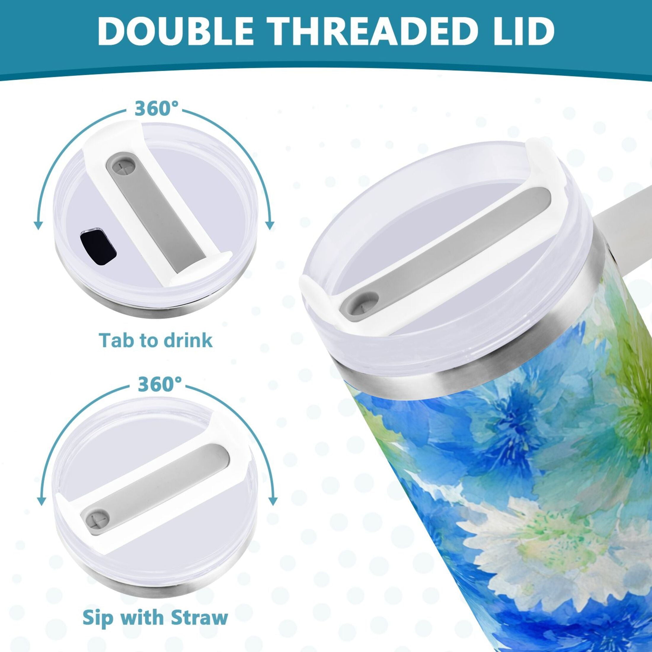 40 oz Insulated Stainless Steel Tumbler Double Wall Stainless Steel Tumbler with 2-Way Drinking Watercolor Blue Cornflowers
