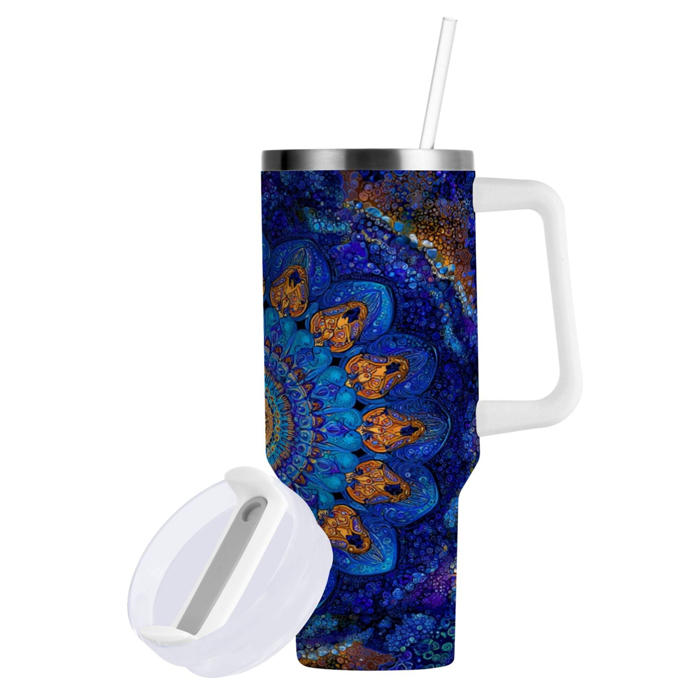 30 oz Insulated Stainless Steel Tumbler Double Wall Stainless Steel Tumbler with 2-Way Drinking Blue Kaleidoscopic Pattern