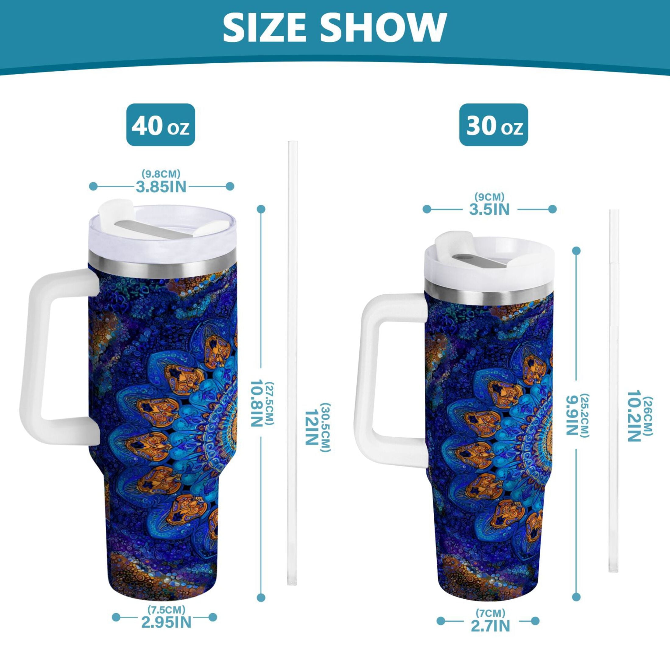 30 oz Insulated Stainless Steel Tumbler Double Wall Stainless Steel Tumbler with 2-Way Drinking Blue Kaleidoscopic Pattern