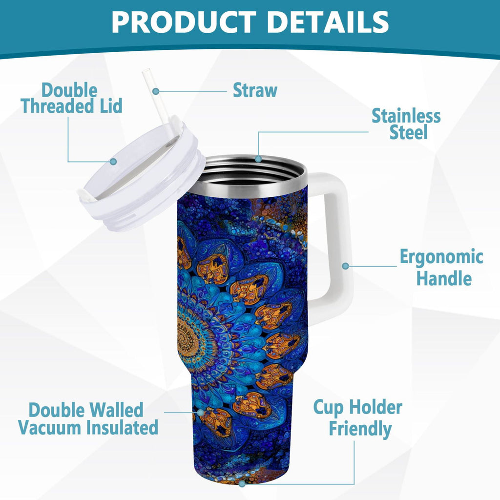 30 oz Insulated Stainless Steel Tumbler Double Wall Stainless Steel Tumbler with 2-Way Drinking Blue Kaleidoscopic Pattern