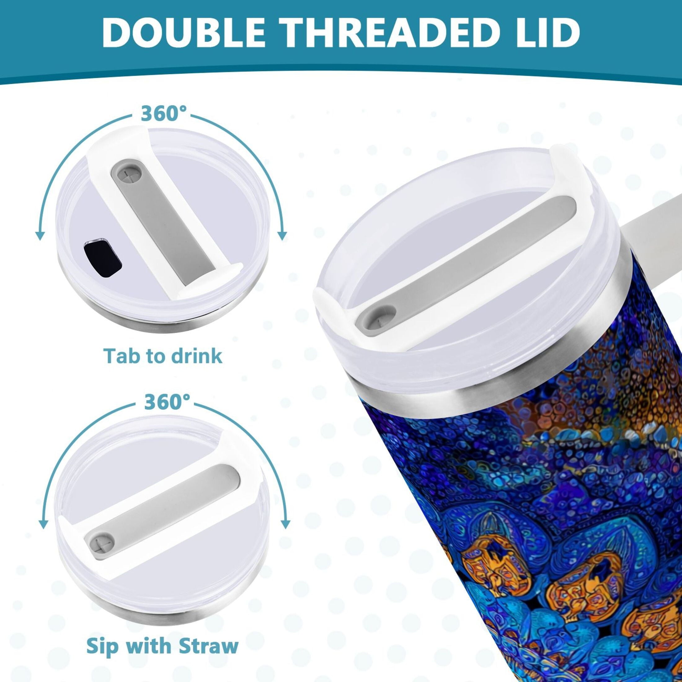 30 oz Insulated Stainless Steel Tumbler Double Wall Stainless Steel Tumbler with 2-Way Drinking Blue Kaleidoscopic Pattern