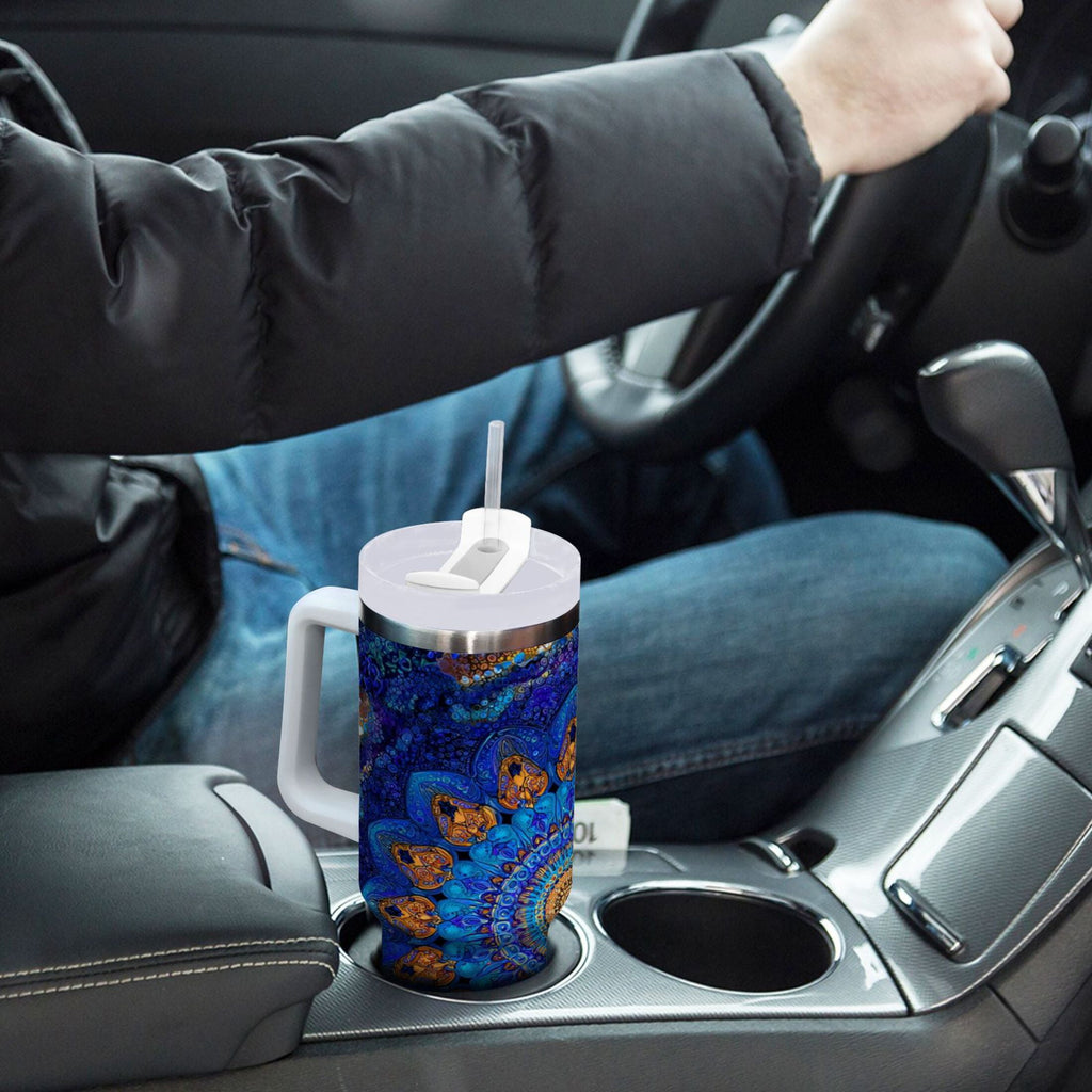 30 oz Insulated Stainless Steel Tumbler Double Wall Stainless Steel Tumbler with 2-Way Drinking Blue Kaleidoscopic Pattern