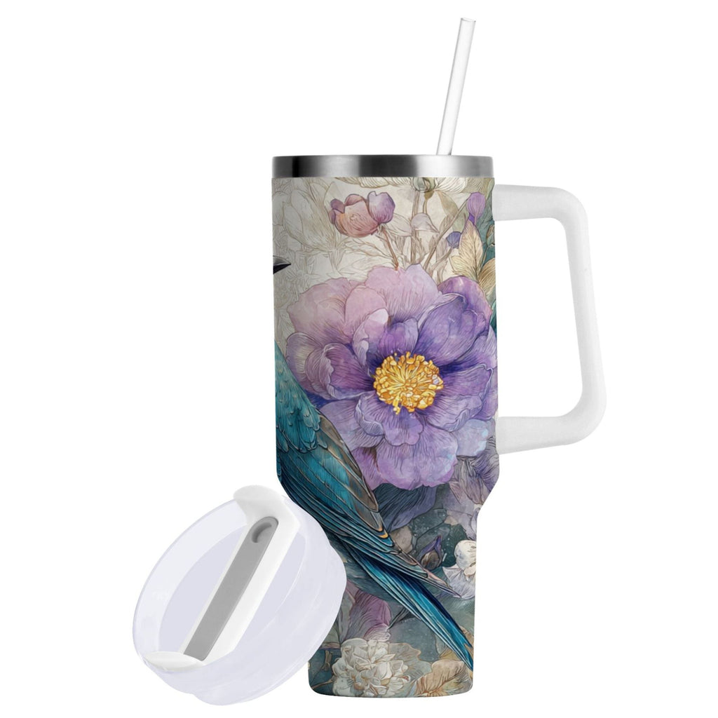 30 oz Insulated Stainless Steel Tumbler Double Wall Stainless Steel Tumbler with 2-Way Drinking Bluebird and Flower