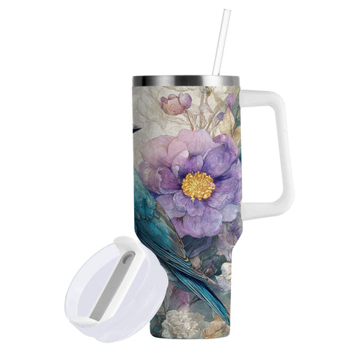 30 oz Insulated Stainless Steel Tumbler Double Wall Stainless Steel Tumbler with 2-Way Drinking Bluebird and Flower