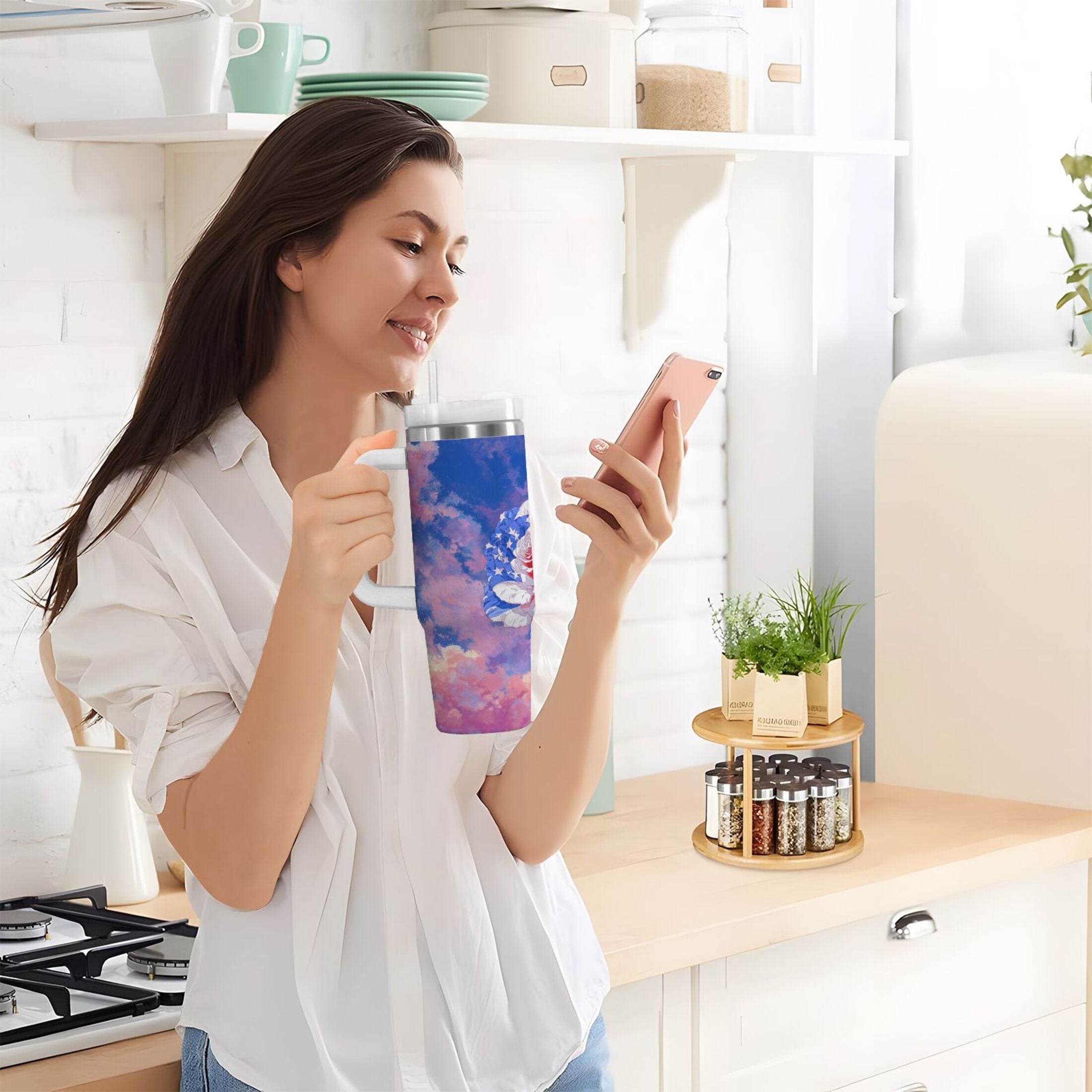 30 oz Insulated Stainless Steel Tumbler Double Wall Stainless Steel Tumbler with 2-Way Drinking Rose with Flag Pattern