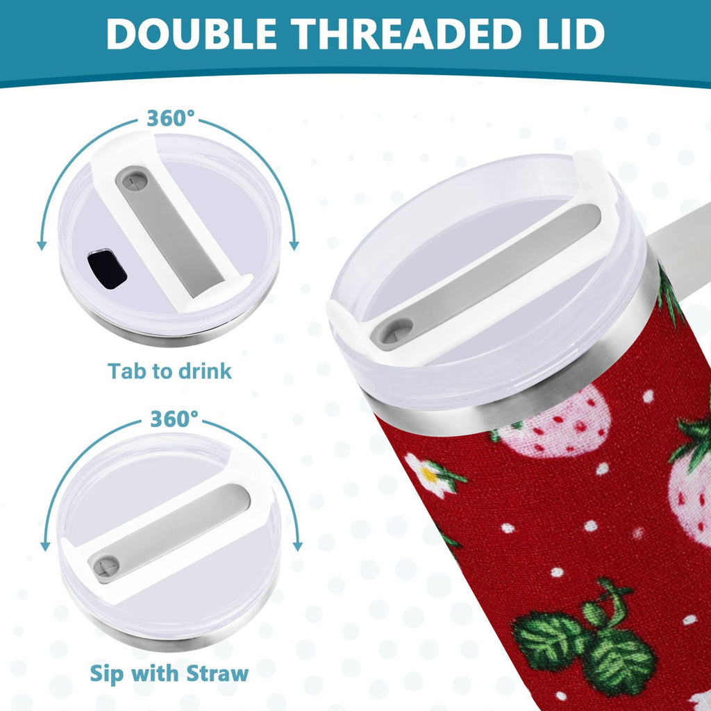 30 oz Insulated Stainless Steel Tumbler Double Wall Stainless Steel Tumbler with 2-Way Drinking Cute Pink Strawberry Pattern