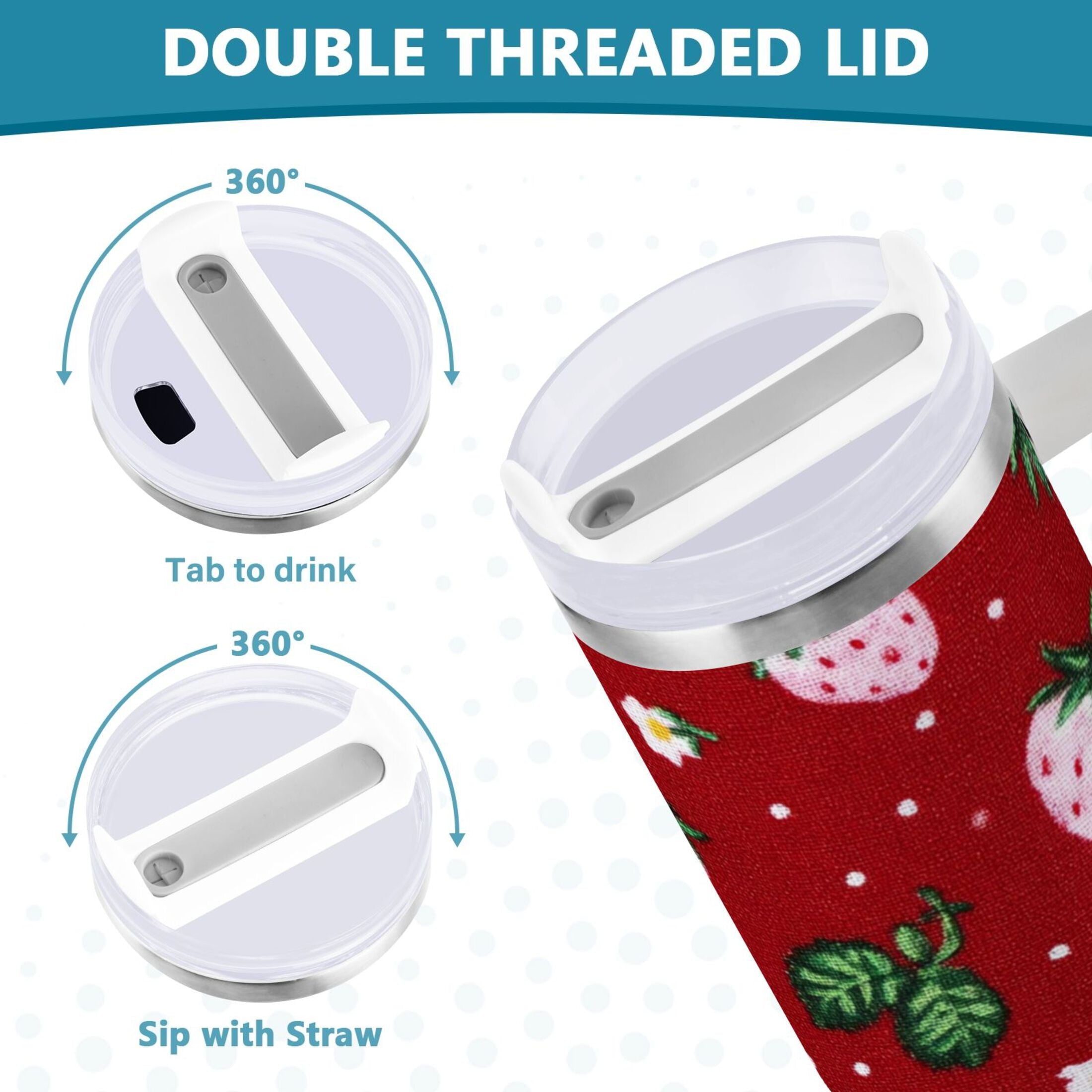 30 oz Insulated Stainless Steel Tumbler Double Wall Stainless Steel Tumbler with 2-Way Drinking Cute Pink Strawberry Pattern