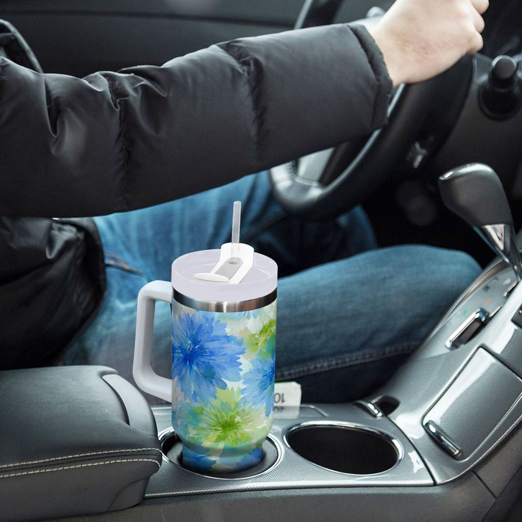 40 oz Insulated Stainless Steel Tumbler Double Wall Stainless Steel Tumbler with 2-Way Drinking Watercolor Blue Cornflowers