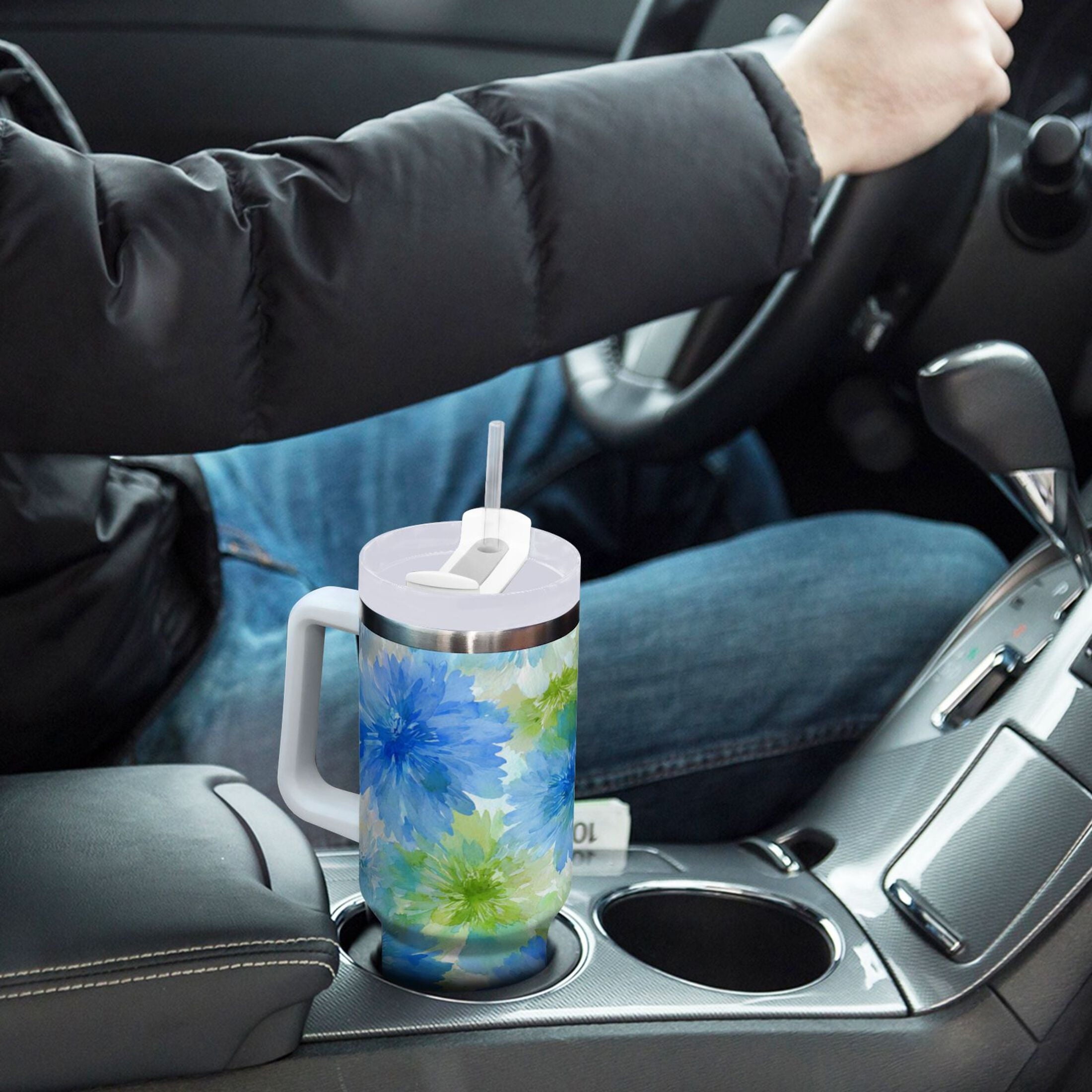 40 oz Insulated Stainless Steel Tumbler Double Wall Stainless Steel Tumbler with 2-Way Drinking Watercolor Blue Cornflowers