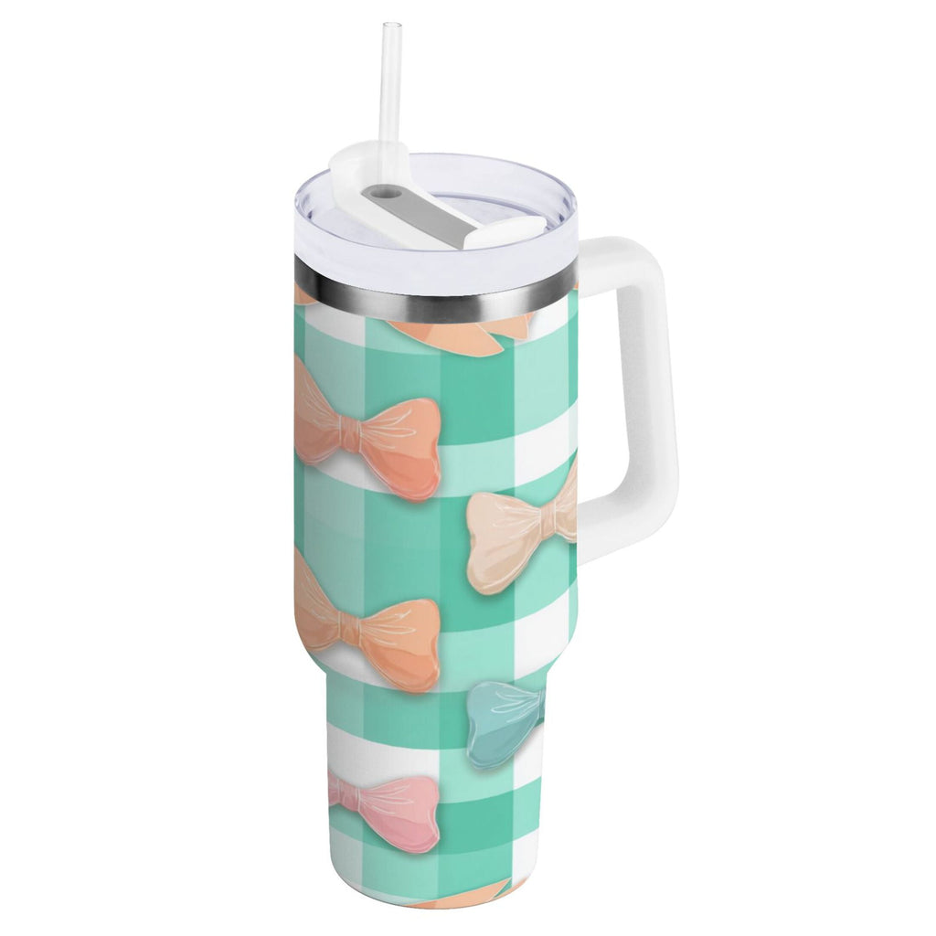 40 oz Insulated Stainless Steel Tumbler Double Wall Stainless Steel Tumbler with 2-Way Drinking Pastel Green and Peach Bows