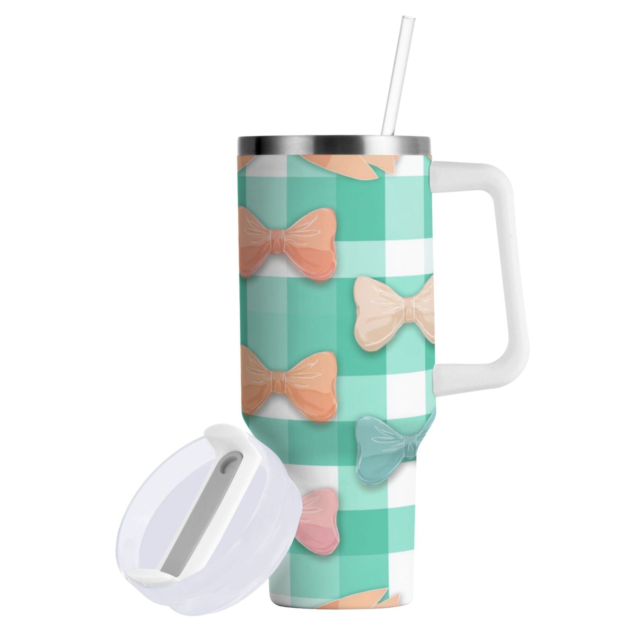 40 oz Insulated Stainless Steel Tumbler Double Wall Stainless Steel Tumbler with 2-Way Drinking Pastel Green and Peach Bows