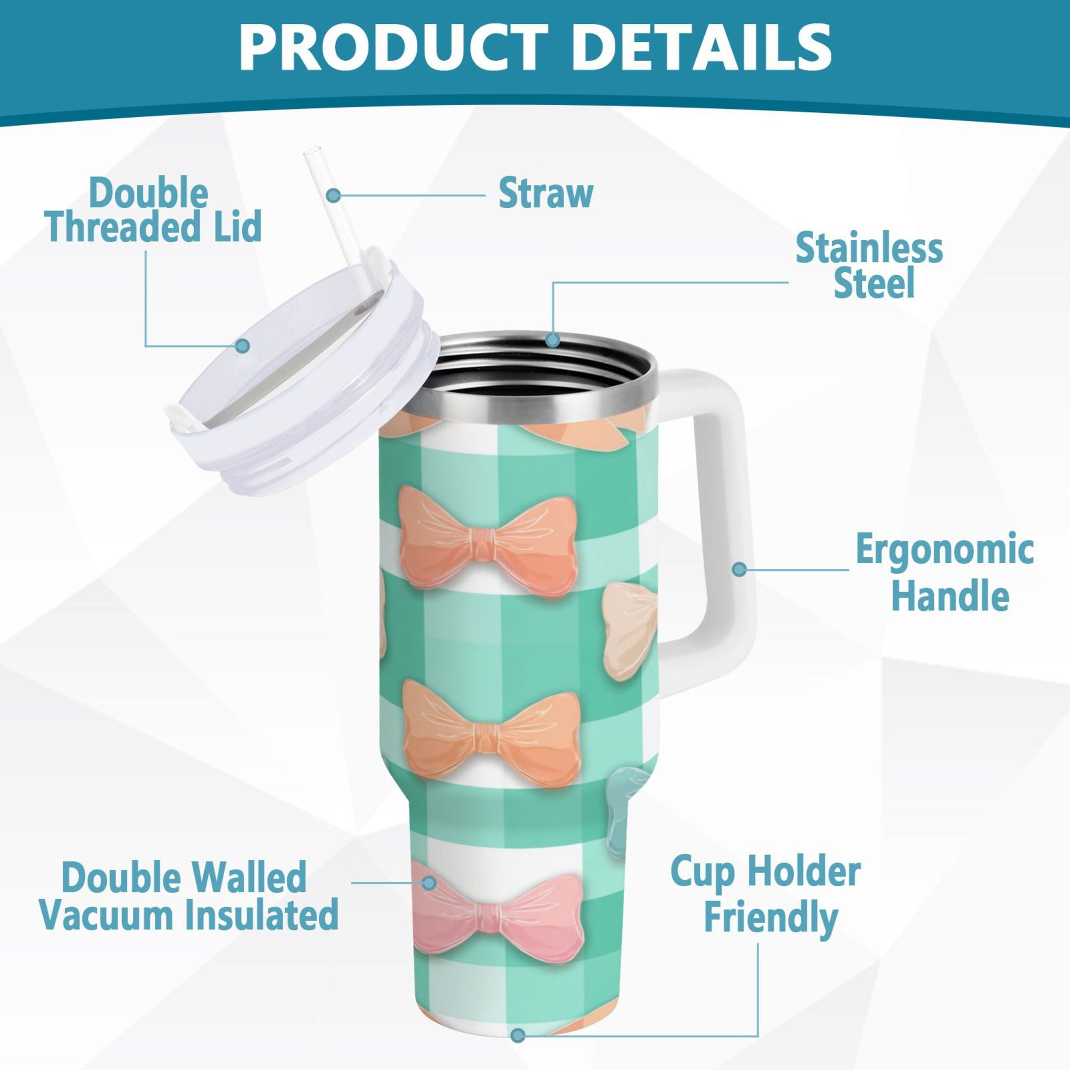 40 oz Insulated Stainless Steel Tumbler Double Wall Stainless Steel Tumbler with 2-Way Drinking Pastel Green and Peach Bows