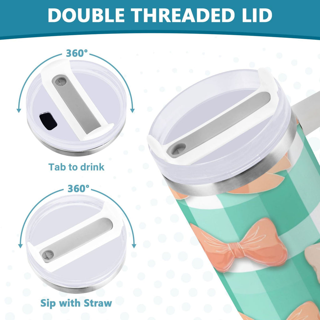 40 oz Insulated Stainless Steel Tumbler Double Wall Stainless Steel Tumbler with 2-Way Drinking Pastel Green and Peach Bows