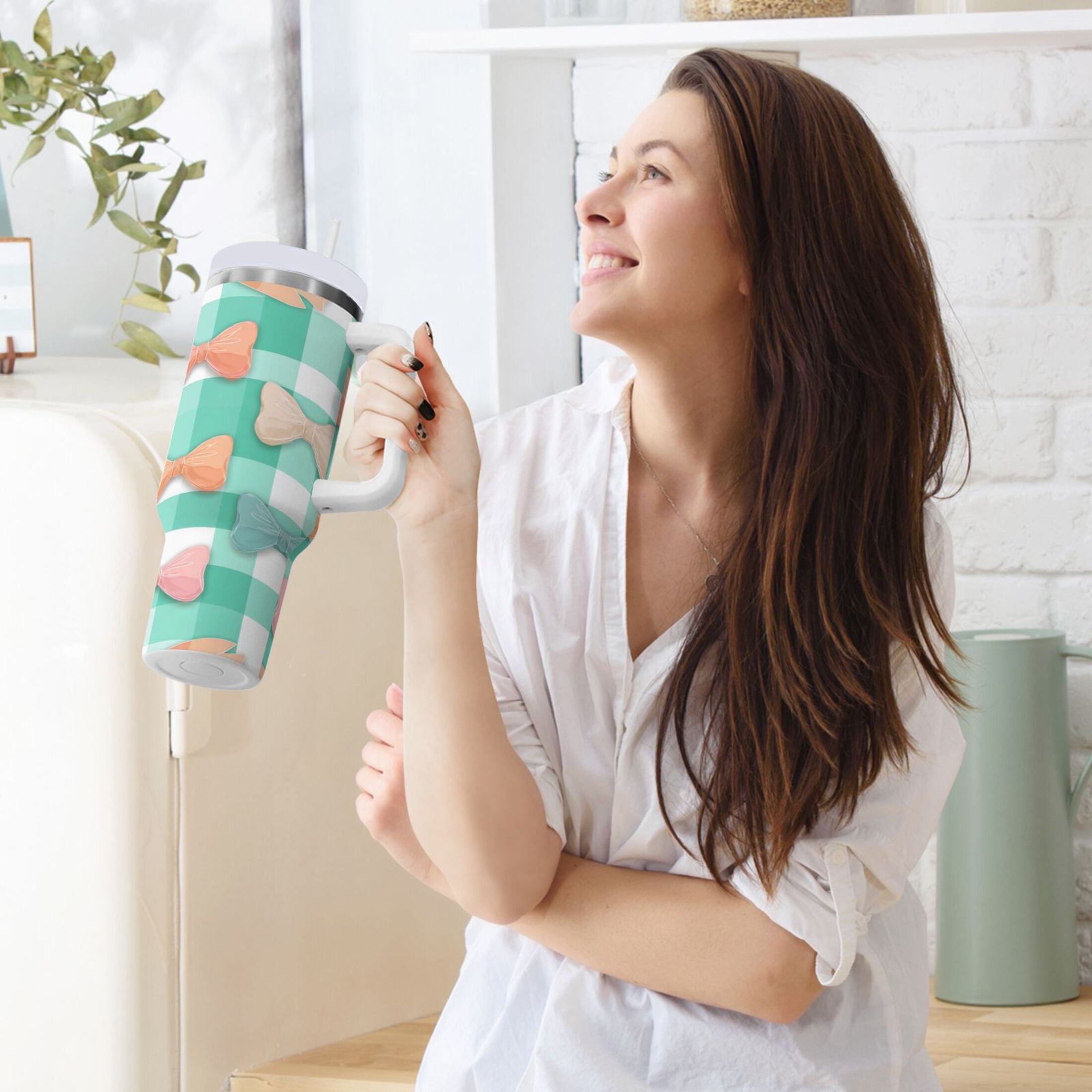 40 oz Insulated Stainless Steel Tumbler Double Wall Stainless Steel Tumbler with 2-Way Drinking Pastel Green and Peach Bows