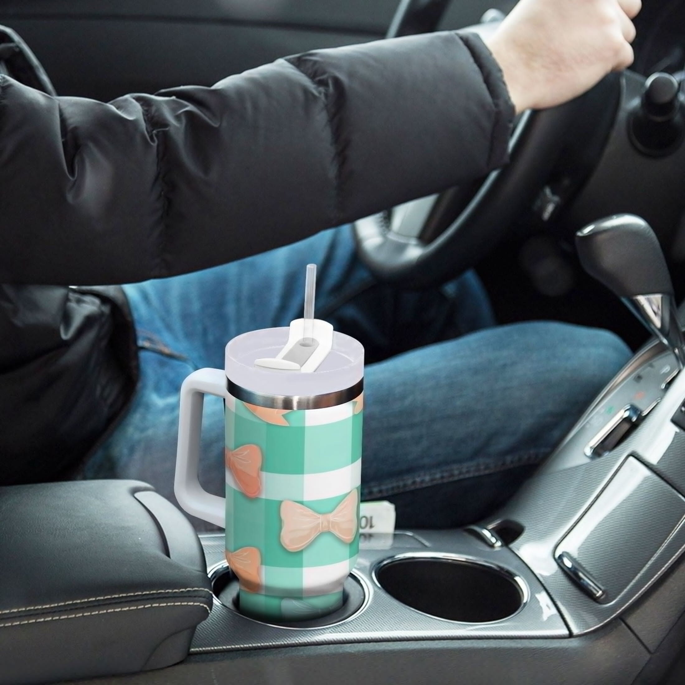 40 oz Insulated Stainless Steel Tumbler Double Wall Stainless Steel Tumbler with 2-Way Drinking Pastel Green and Peach Bows