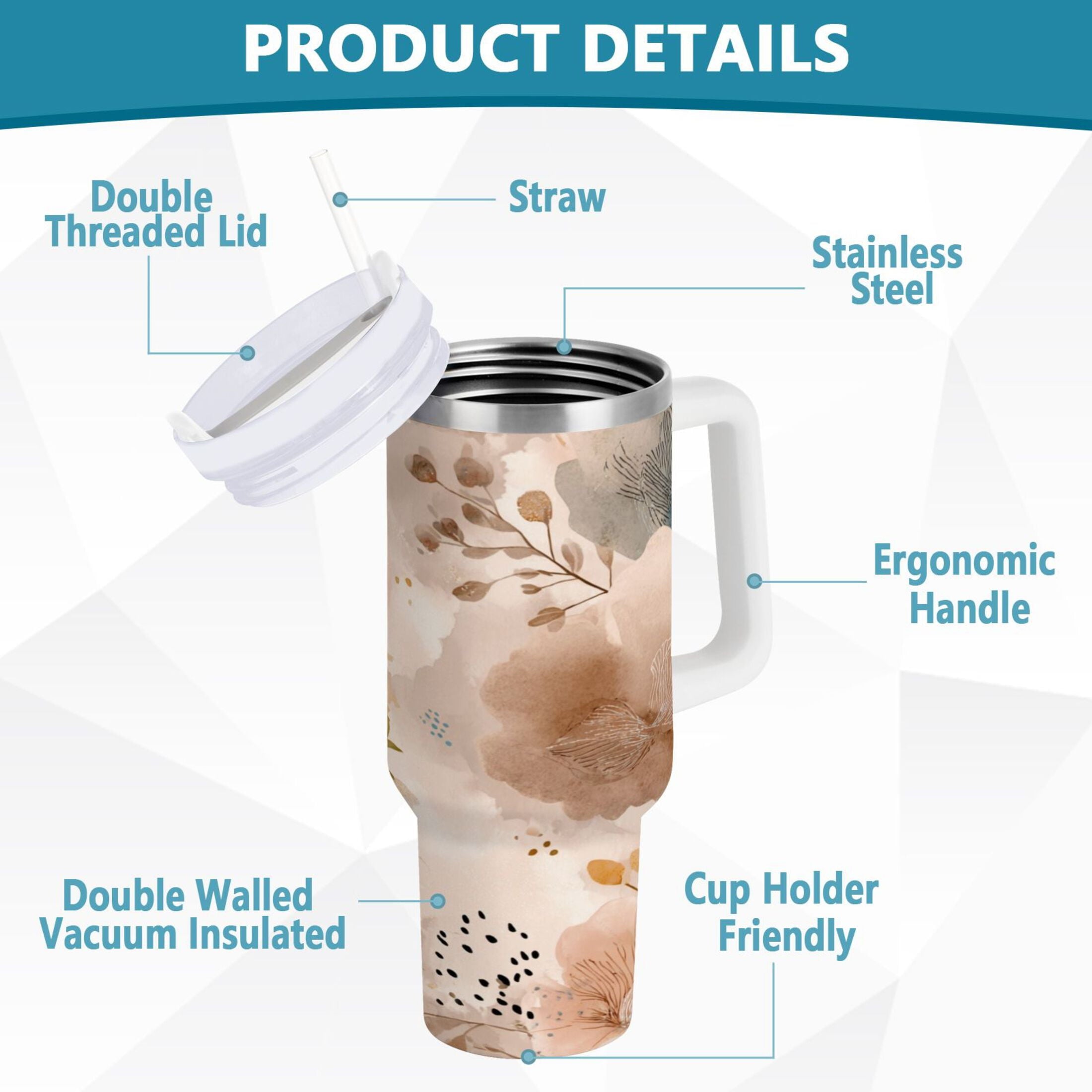 30 oz Insulated Stainless Steel Tumbler Double Wall Stainless Steel Tumbler with 2-Way Drinking Hazy Ethereal Flowers